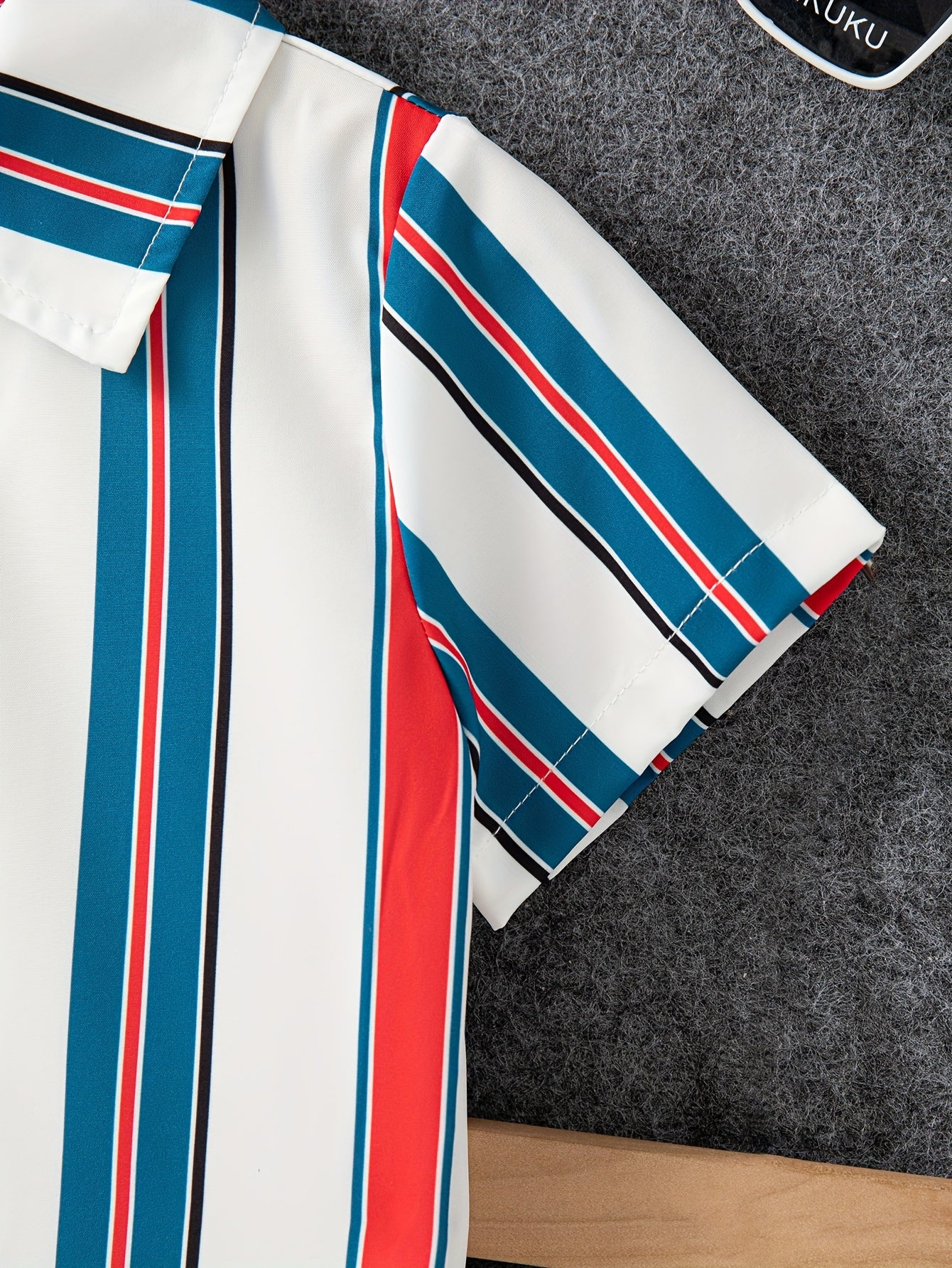 2pcs Boys Casual Stylish Striped Short Sleeve Lapel Shirt & Shorts Set, Comfy Summer Kids Clothing