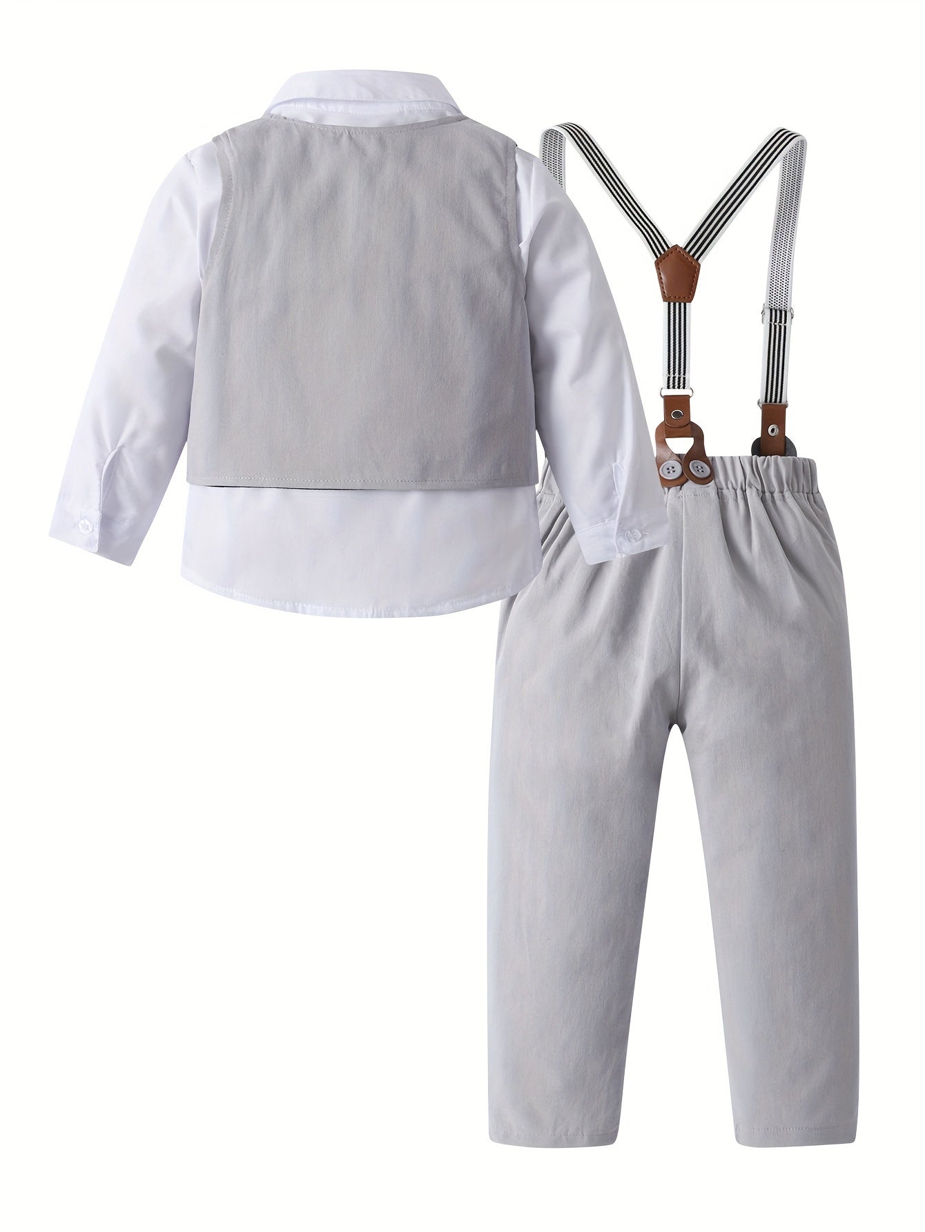3ocs Boys Formal Gentleman Outfits, Long Sleeve Leaves Print Bowtie Shirt & Suspender Pants & Vest, Kids Clothing Set For Competition Performance Wedding Banquet Dress Outdoor Set