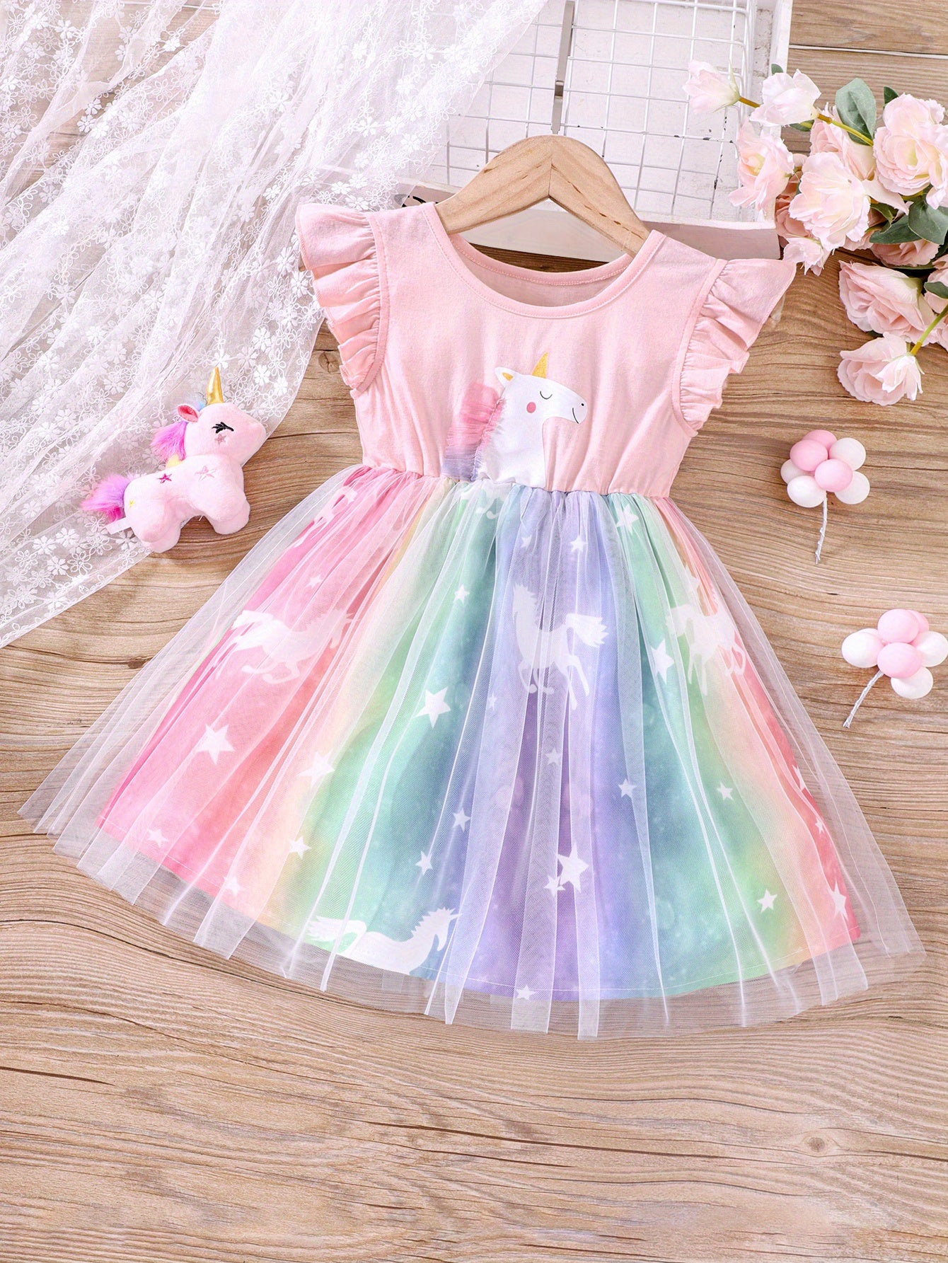 Unicorn Ruffled Sleeveless Dress for Girls, Summer Kids Clothing with Mesh Detail