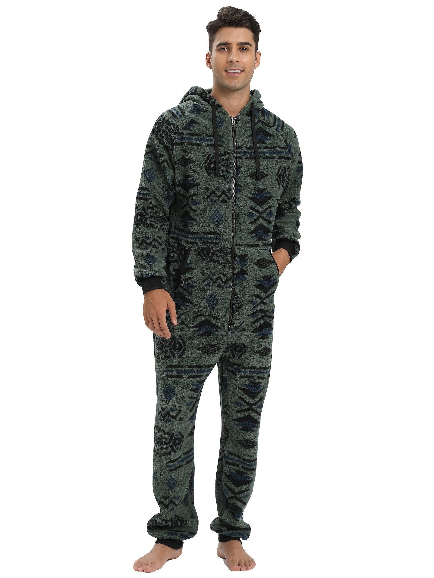 Stylish Camo Hooded Drawstring One Piece Pajamas for Men - Novelty & More Clothing - Soft, Cozy, and Comfortable Sleepwear with Adjustable Hood and Drawstring Waist - Fun and Quirky Design for Casual Lounging