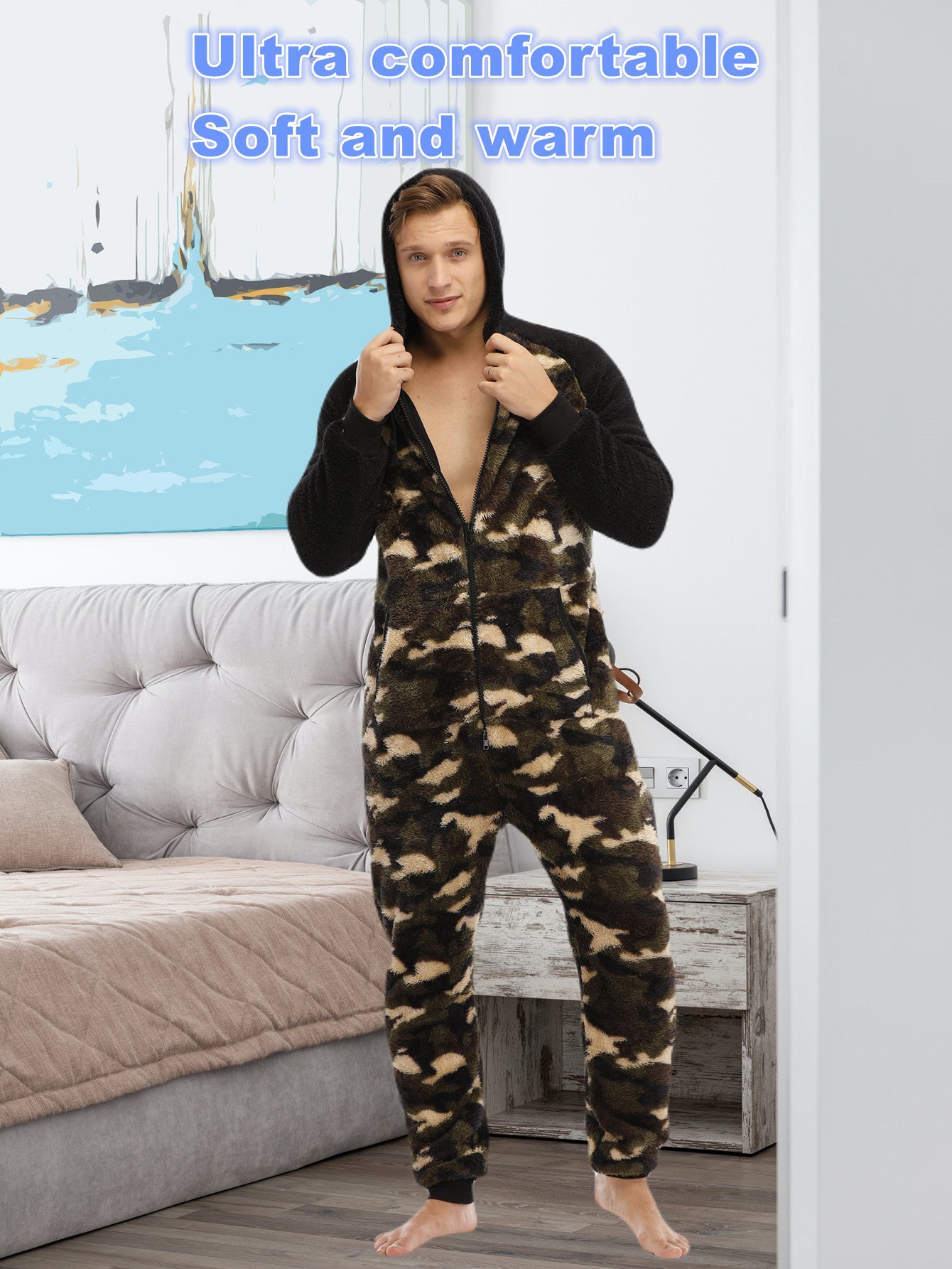 Stylish Camo Hooded Drawstring One Piece Pajamas for Men - Novelty & More Clothing - Soft, Cozy, and Comfortable Sleepwear with Adjustable Hood and Drawstring Waist - Fun and Quirky Design for Casual Lounging