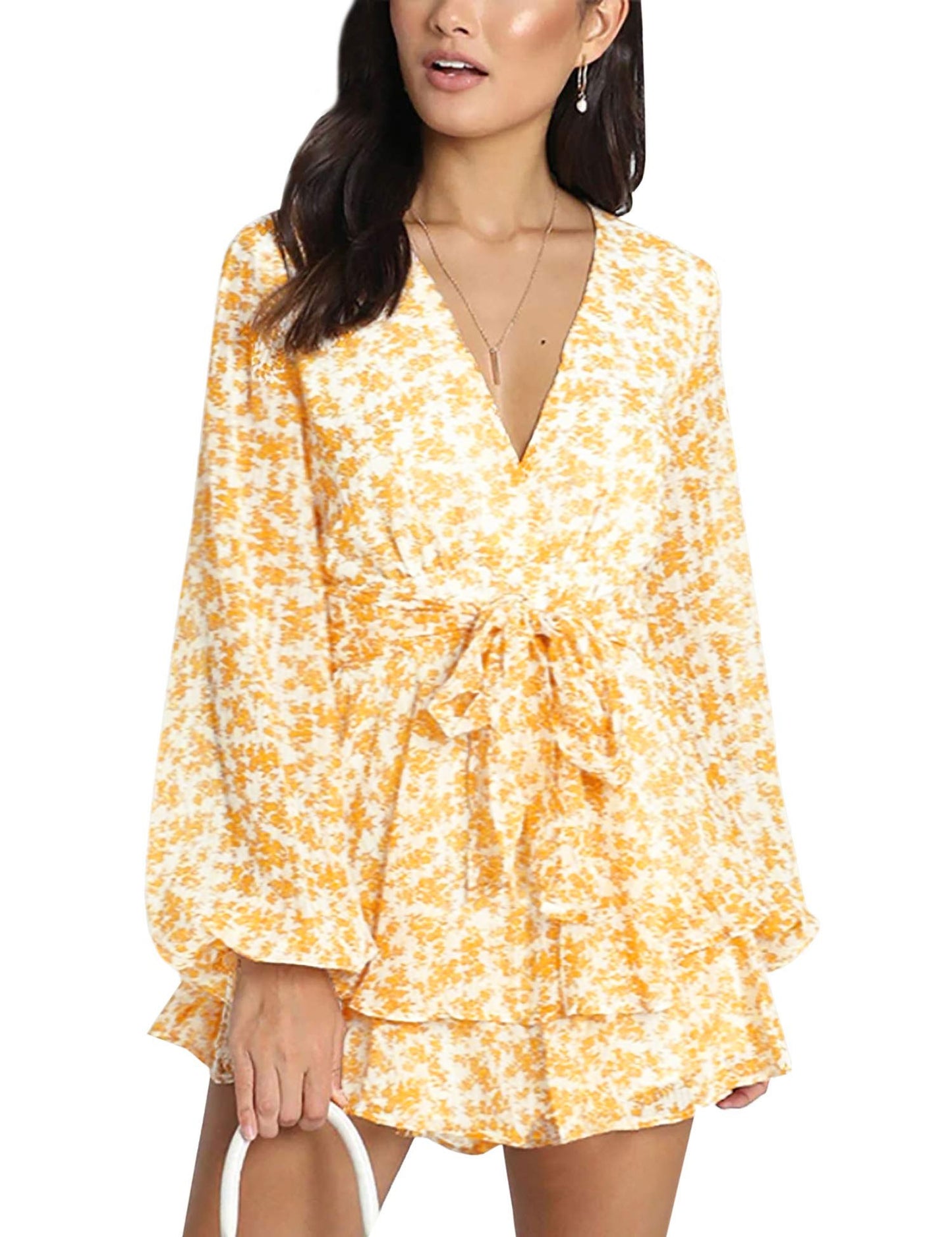 Chic Spring/Fall Polka-dot V-neck Jumpsuit with Ruffle Hem - Durable & Semi-Sheer Everyday Romper for Women