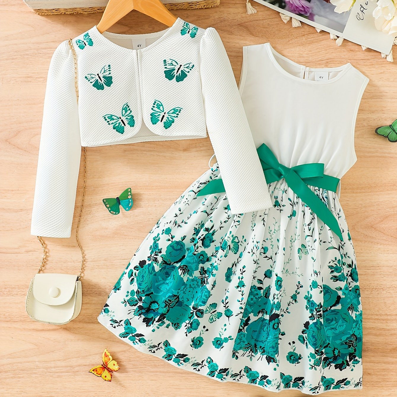 2pcs Little Girl Butterfly Dresses Outfit: Floral Tank Dress And Graphic Cardigan Top Set, For Cute And Casual Look, Kids Clothing Gift