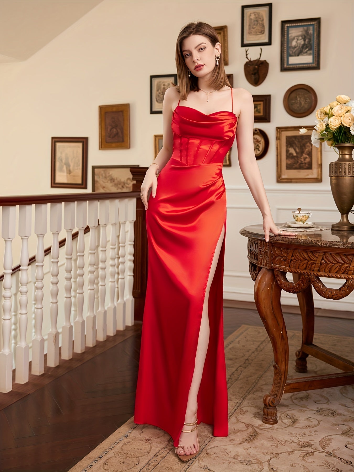Glamorous Satin Cowl Neck Corset Cami Dress - Figure-Sculpting, Adjustable Straps - Perfect for Cocktail, Prom & Formal Events - Luxurious Evening Wear for Women