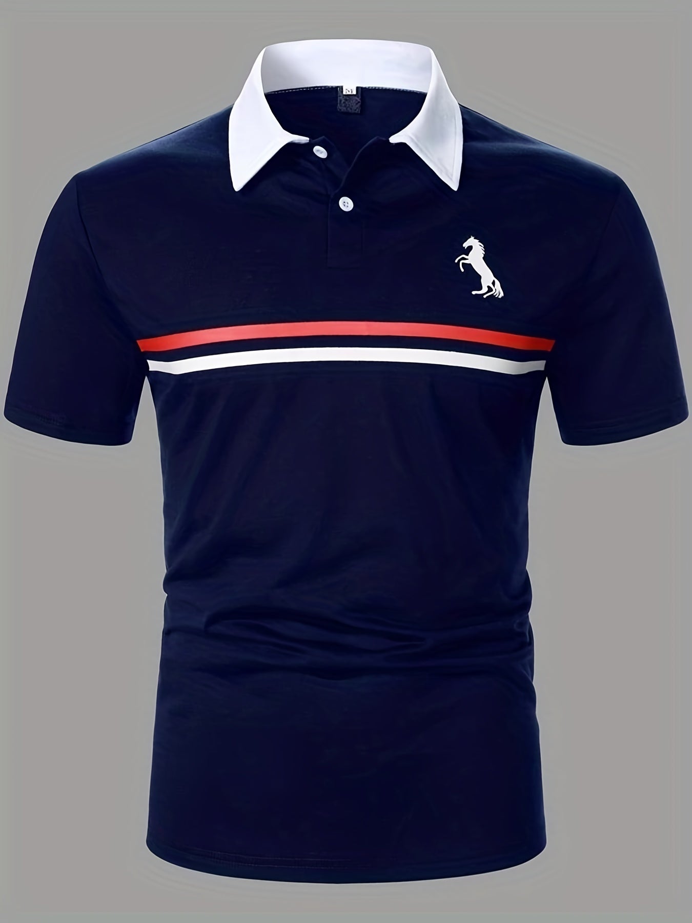 Stripe & Horse Print Men's Short Sleeve Polo Shirt, Comfy Casual Male Shirt For Golf Sports, Gift For Men