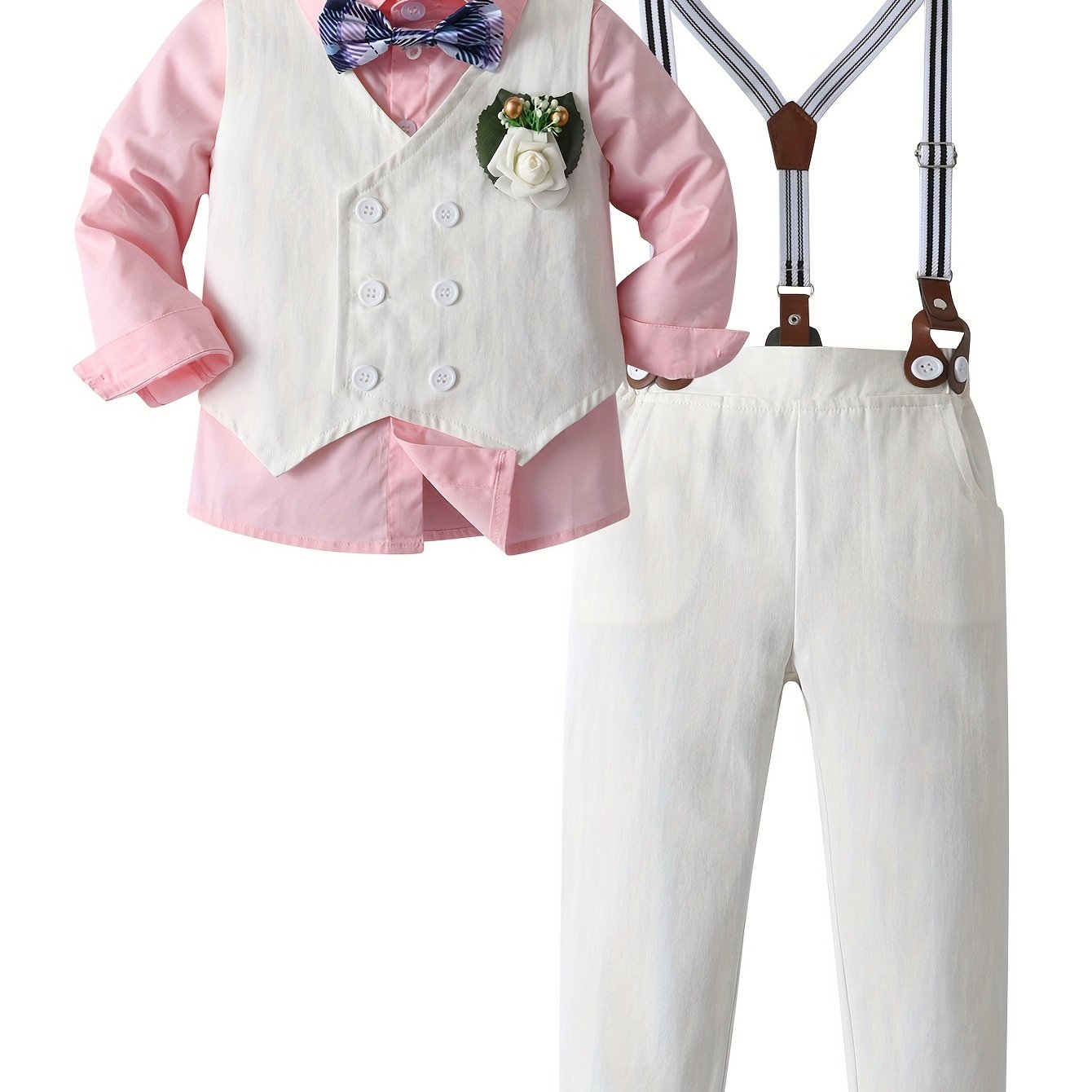 3ocs Boys Formal Gentleman Outfits, Long Sleeve Leaves Print Bowtie Shirt & Suspender Pants & Vest, Kids Clothing Set For Competition Performance Wedding Banquet Dress Outdoor Set