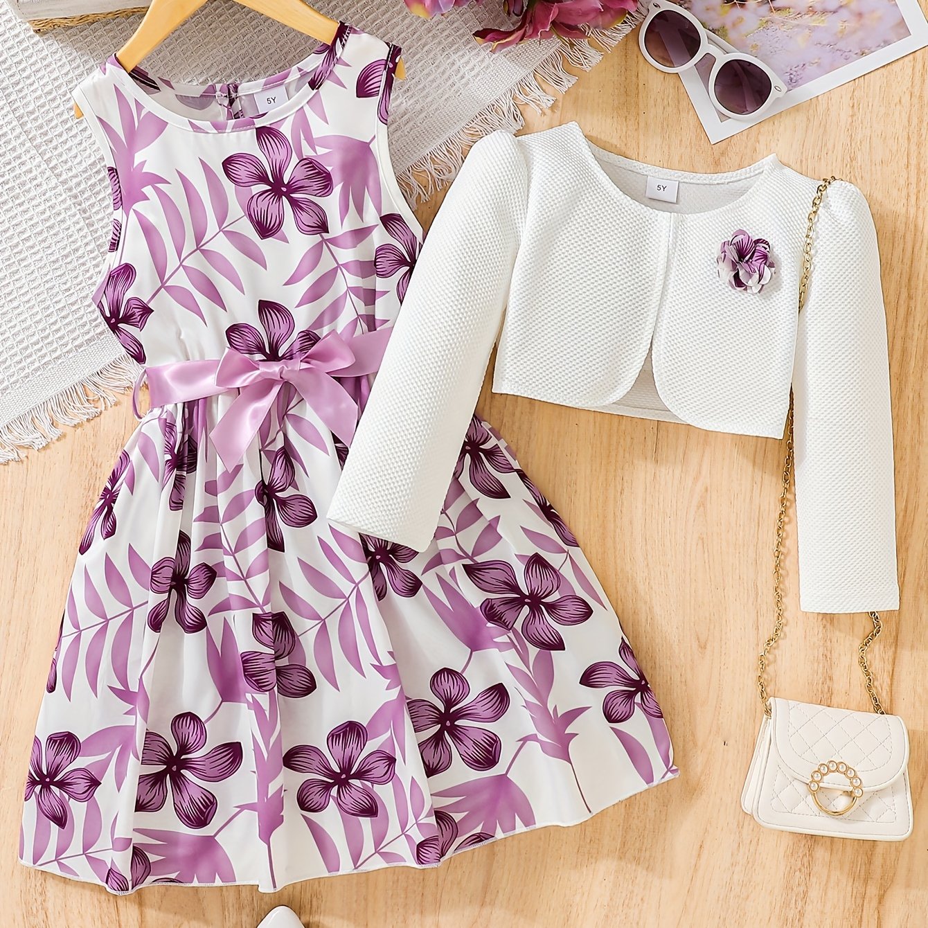 2pcs Little Girl Butterfly Dresses Outfit: Floral Tank Dress And Graphic Cardigan Top Set, For Cute And Casual Look, Kids Clothing Gift