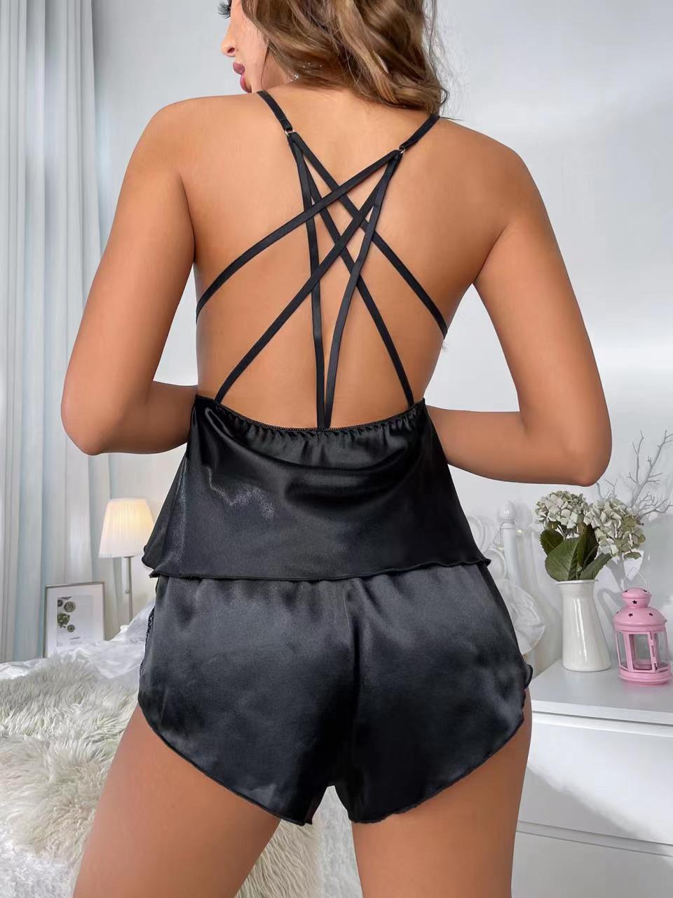 Sexy Satin Stitching V-Neck Pajama Set - Soft, Semi-Sheer, Micro Elasticity, Contrast Lace, Solid Color, Hand Wash Only - Valentines Day Beauty Back Lingerie & Sleepwear for Women