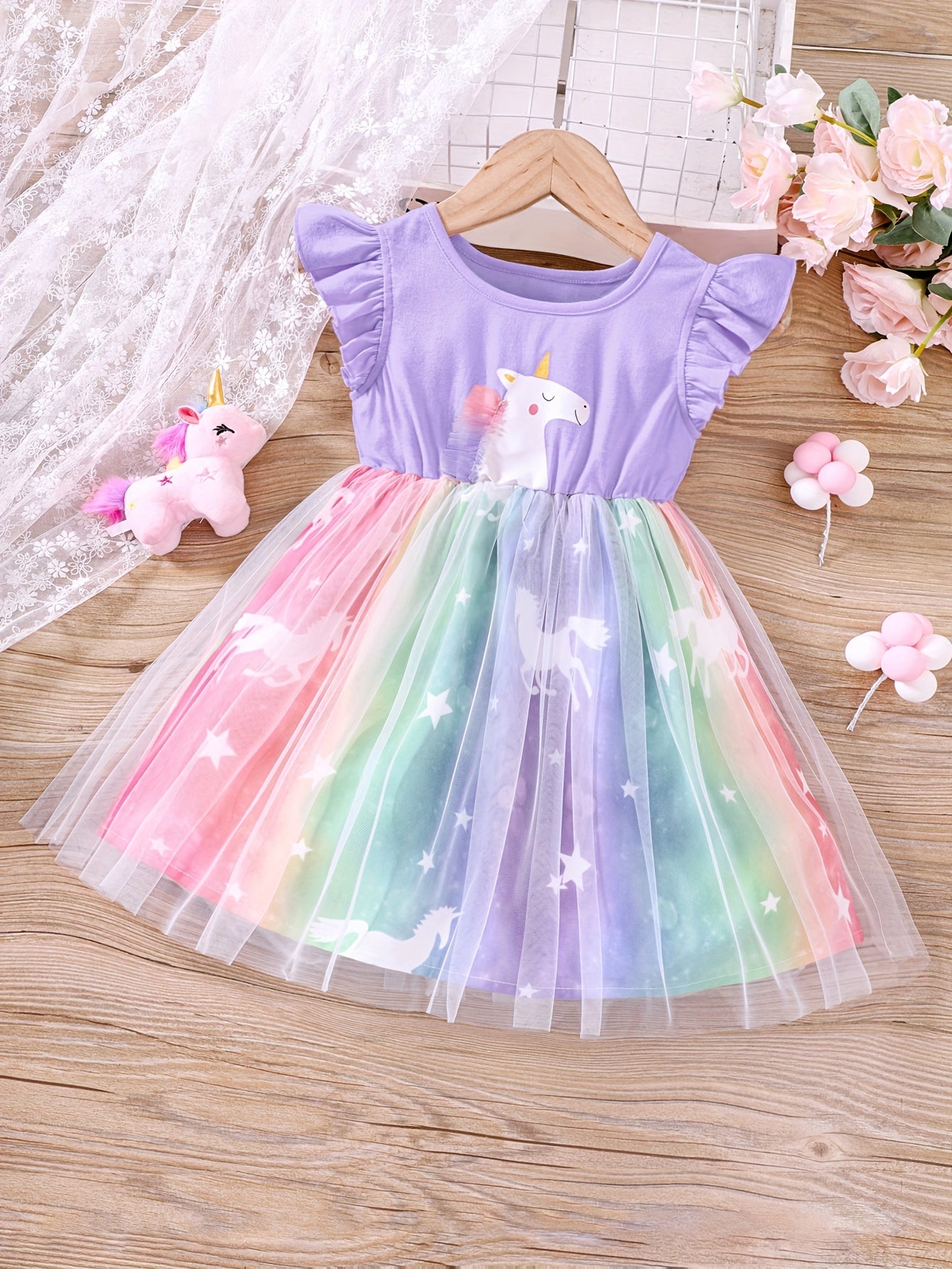 Unicorn Ruffled Sleeveless Dress for Girls, Summer Kids Clothing with Mesh Detail