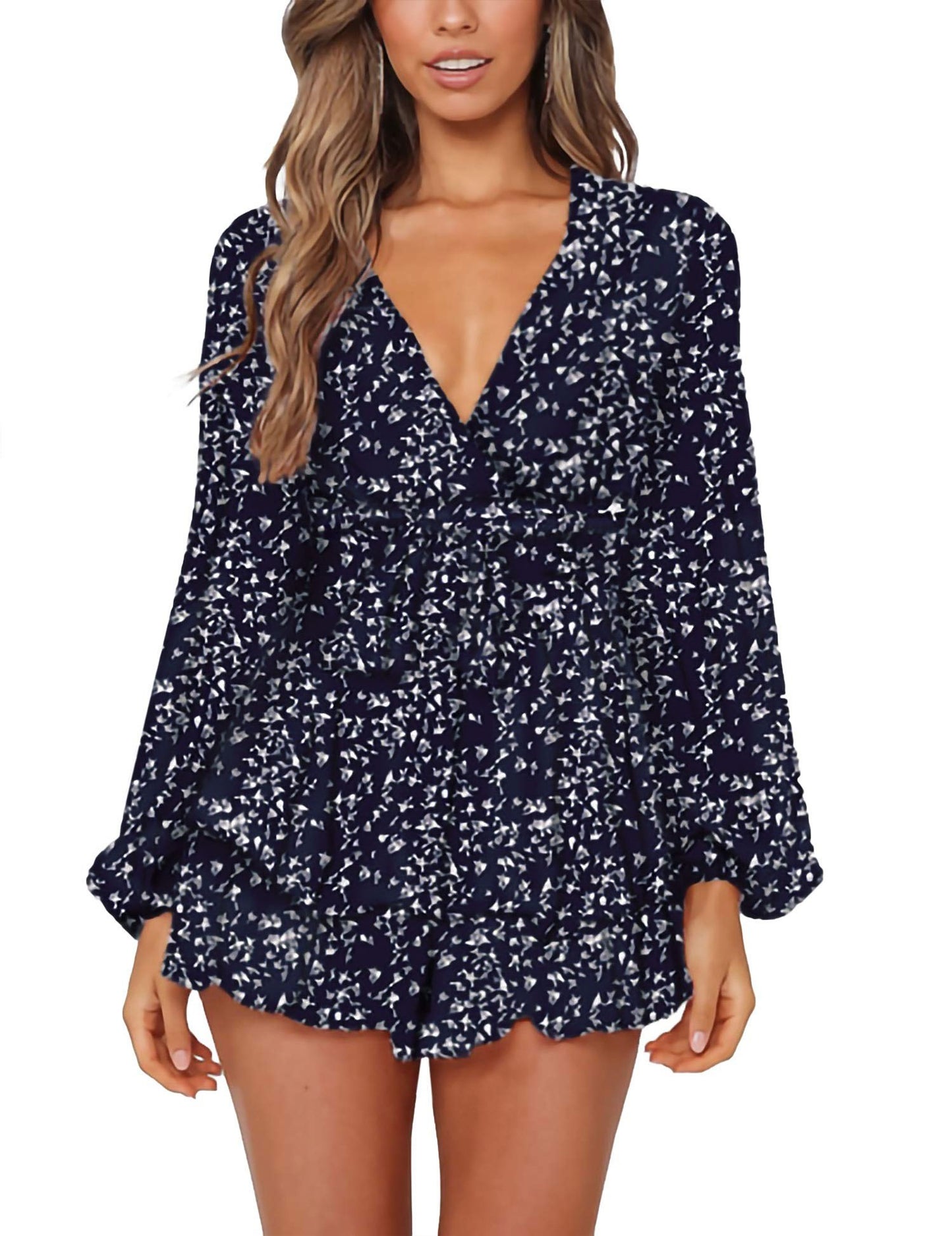 Chic Spring/Fall Polka-dot V-neck Jumpsuit with Ruffle Hem - Durable & Semi-Sheer Everyday Romper for Women