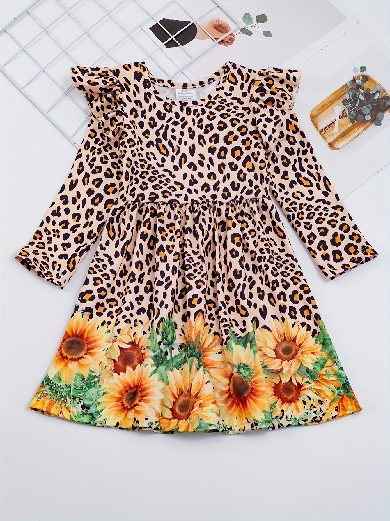 Cute Turkey Print Flutter Trim Dress for Girls, Spring/Fall Party Kids Clothing