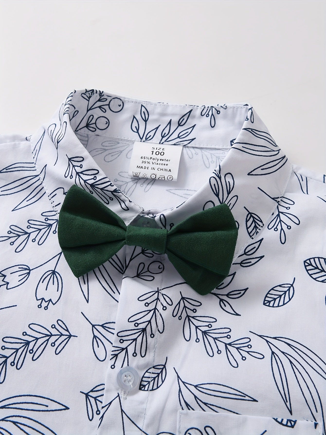 3ocs Boys Formal Gentleman Outfits, Long Sleeve Leaves Print Bowtie Shirt & Suspender Pants & Vest, Kids Clothing Set For Competition Performance Wedding Banquet Dress Outdoor Set