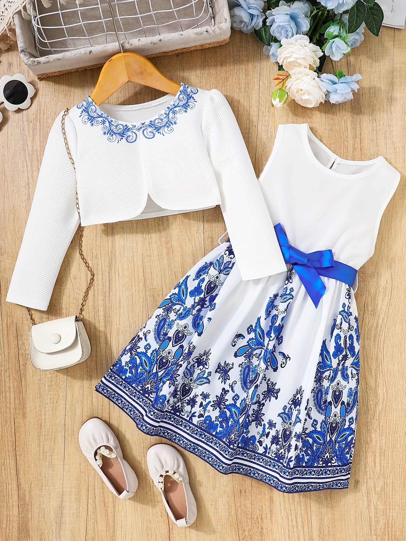 2pcs Little Girl Butterfly Dresses Outfit: Floral Tank Dress And Graphic Cardigan Top Set, For Cute And Casual Look, Kids Clothing Gift