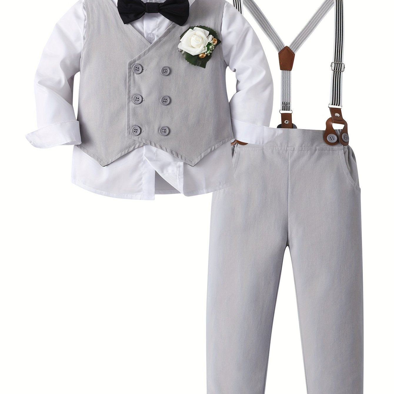 3ocs Boys Formal Gentleman Outfits, Long Sleeve Leaves Print Bowtie Shirt & Suspender Pants & Vest, Kids Clothing Set For Competition Performance Wedding Banquet Dress Outdoor Set