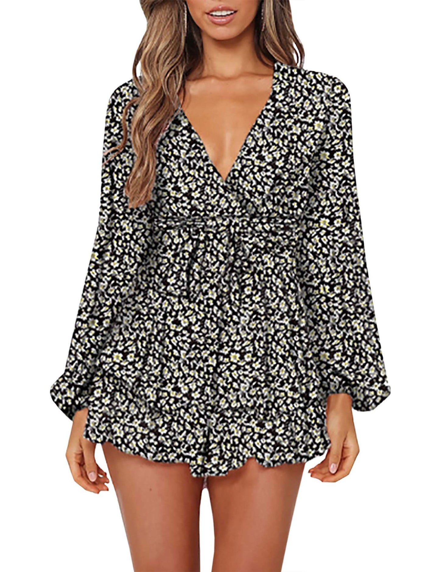 Chic Spring/Fall Polka-dot V-neck Jumpsuit with Ruffle Hem - Durable & Semi-Sheer Everyday Romper for Women