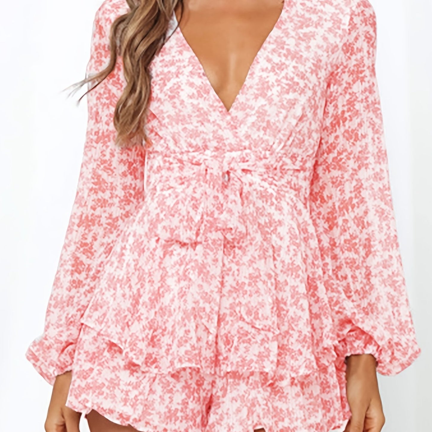 Chic Spring/Fall Polka-dot V-neck Jumpsuit with Ruffle Hem - Durable & Semi-Sheer Everyday Romper for Women