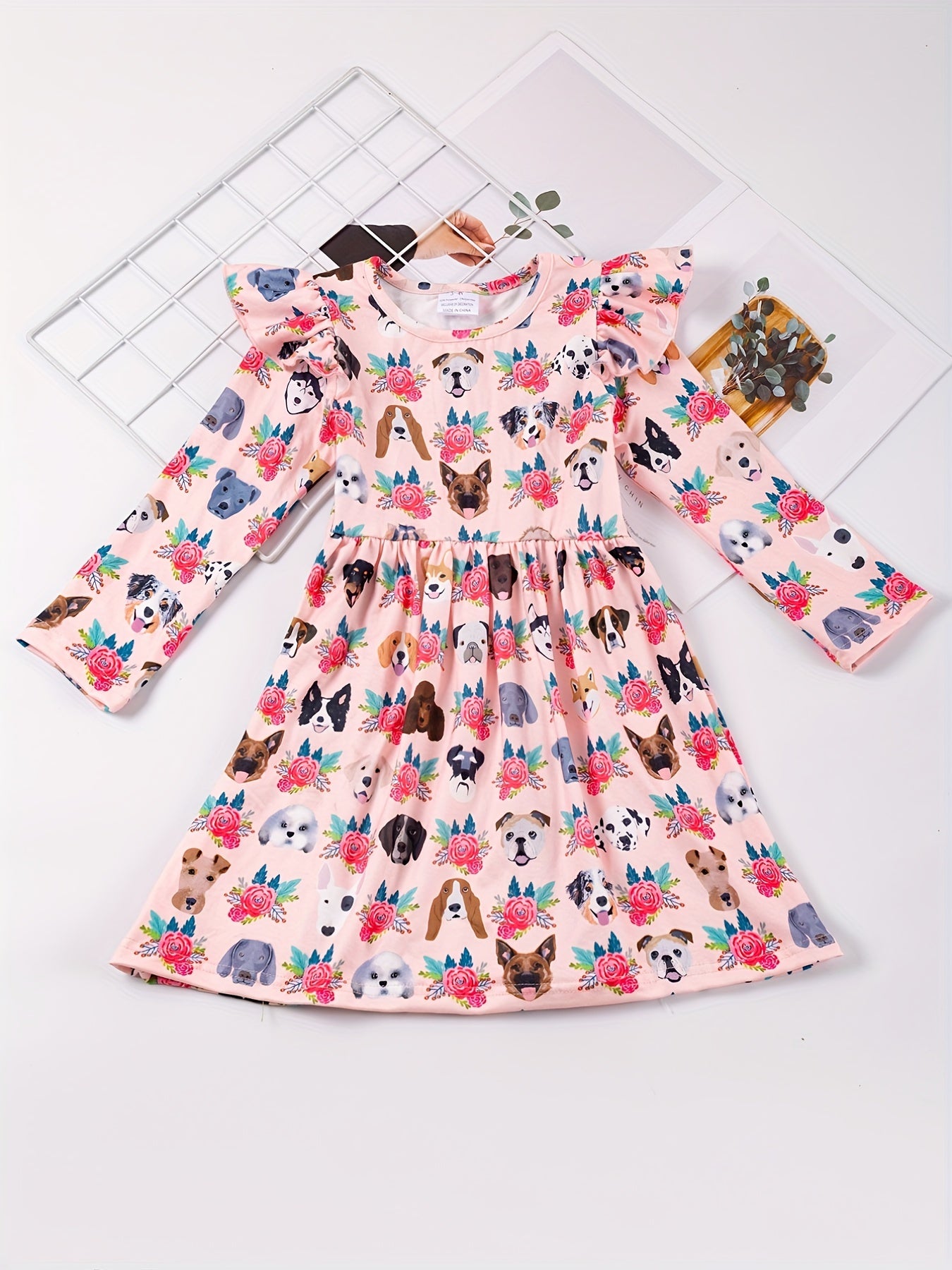 Cute Animal Print Ruffled Sleeve Round Neck Dress for Girls, Summer Kids Clothing