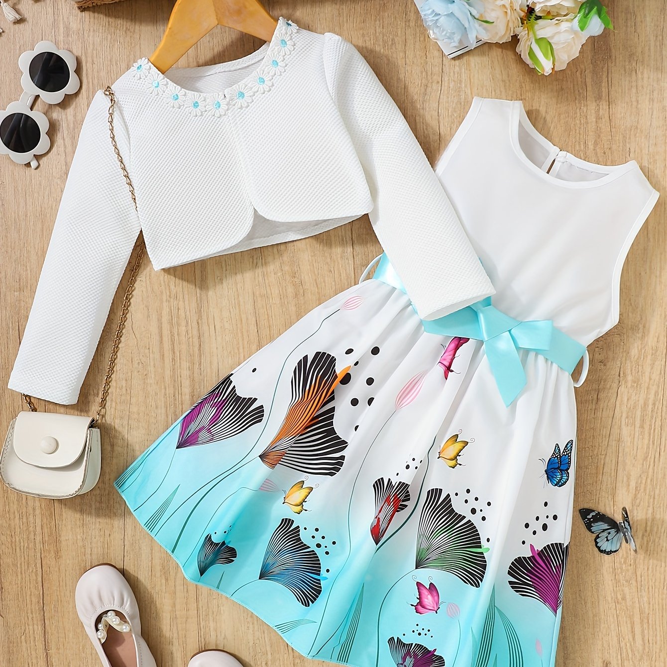 2pcs Little Girl Butterfly Dresses Outfit: Floral Tank Dress And Graphic Cardigan Top Set, For Cute And Casual Look, Kids Clothing Gift