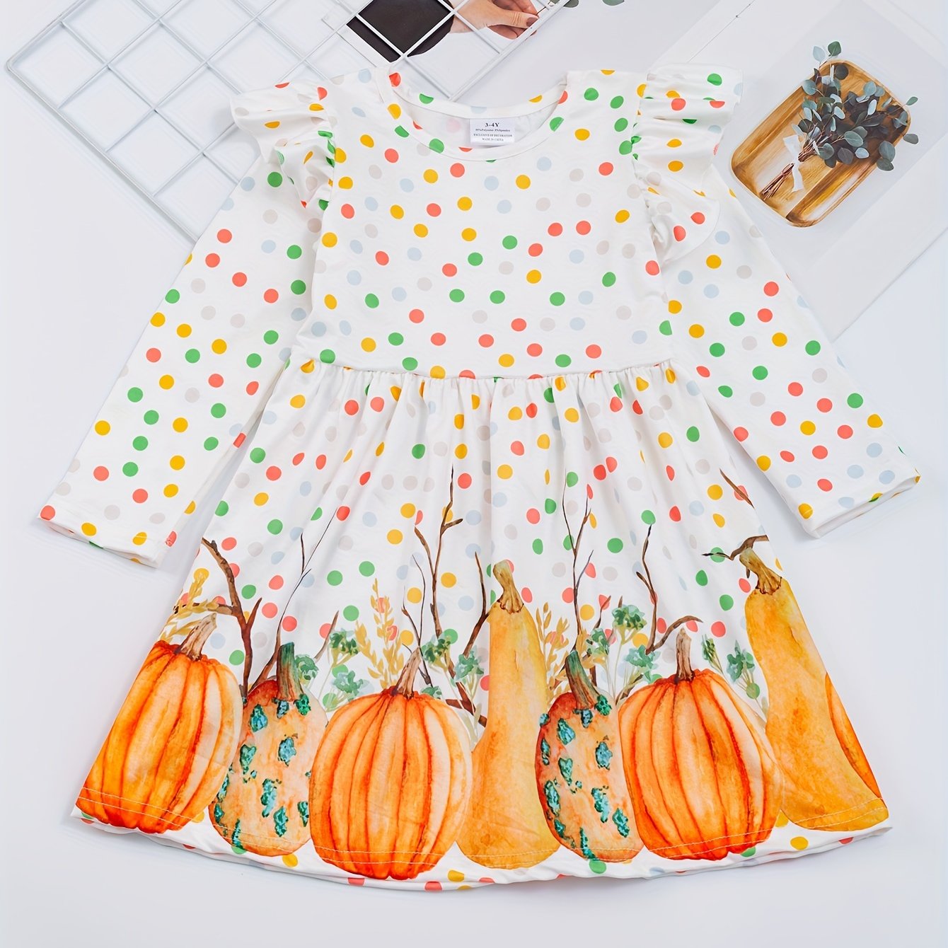 Cute Turkey Print Flutter Trim Dress for Girls, Spring/Fall Party Kids Clothing