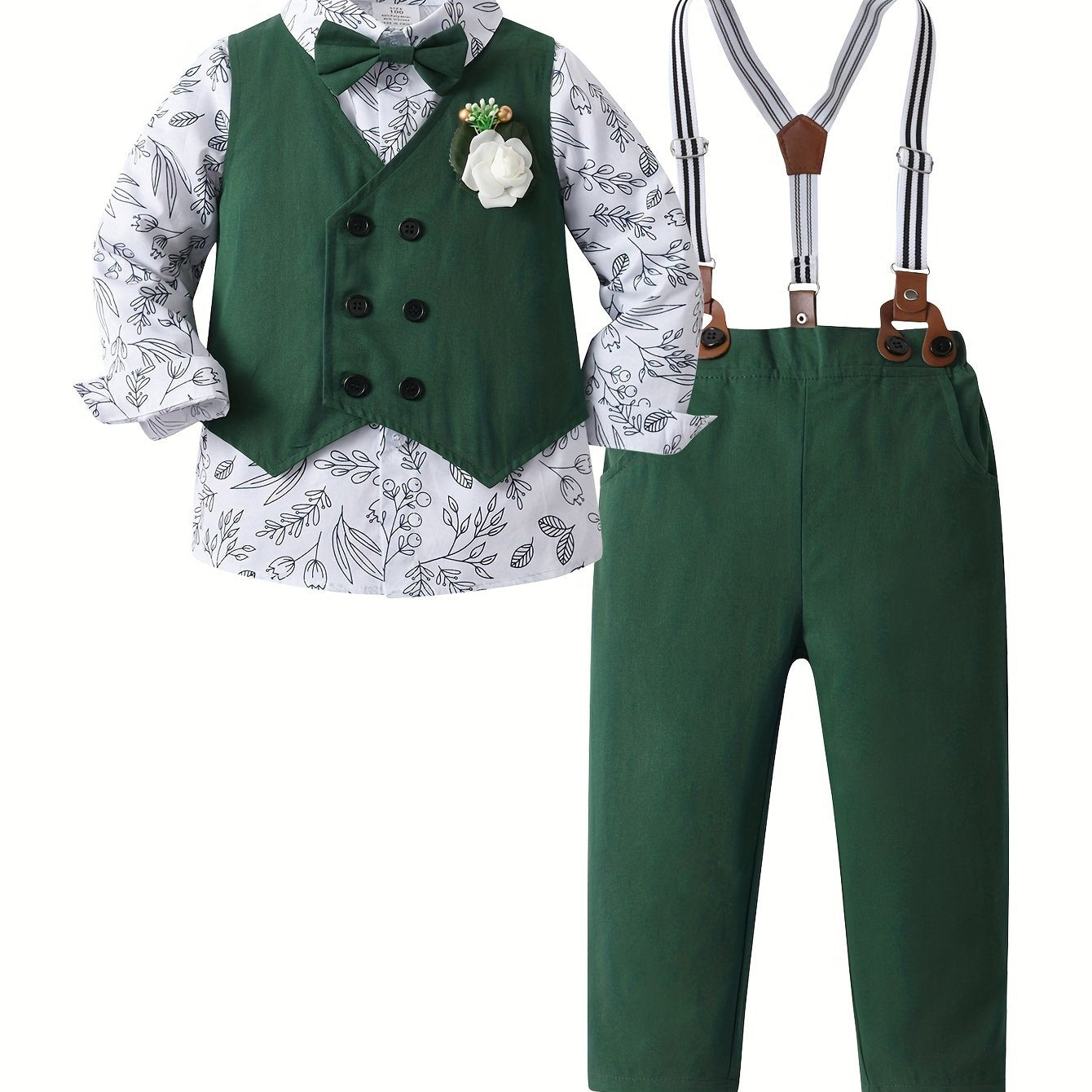 3ocs Boys Formal Gentleman Outfits, Long Sleeve Leaves Print Bowtie Shirt & Suspender Pants & Vest, Kids Clothing Set For Competition Performance Wedding Banquet Dress Outdoor Set