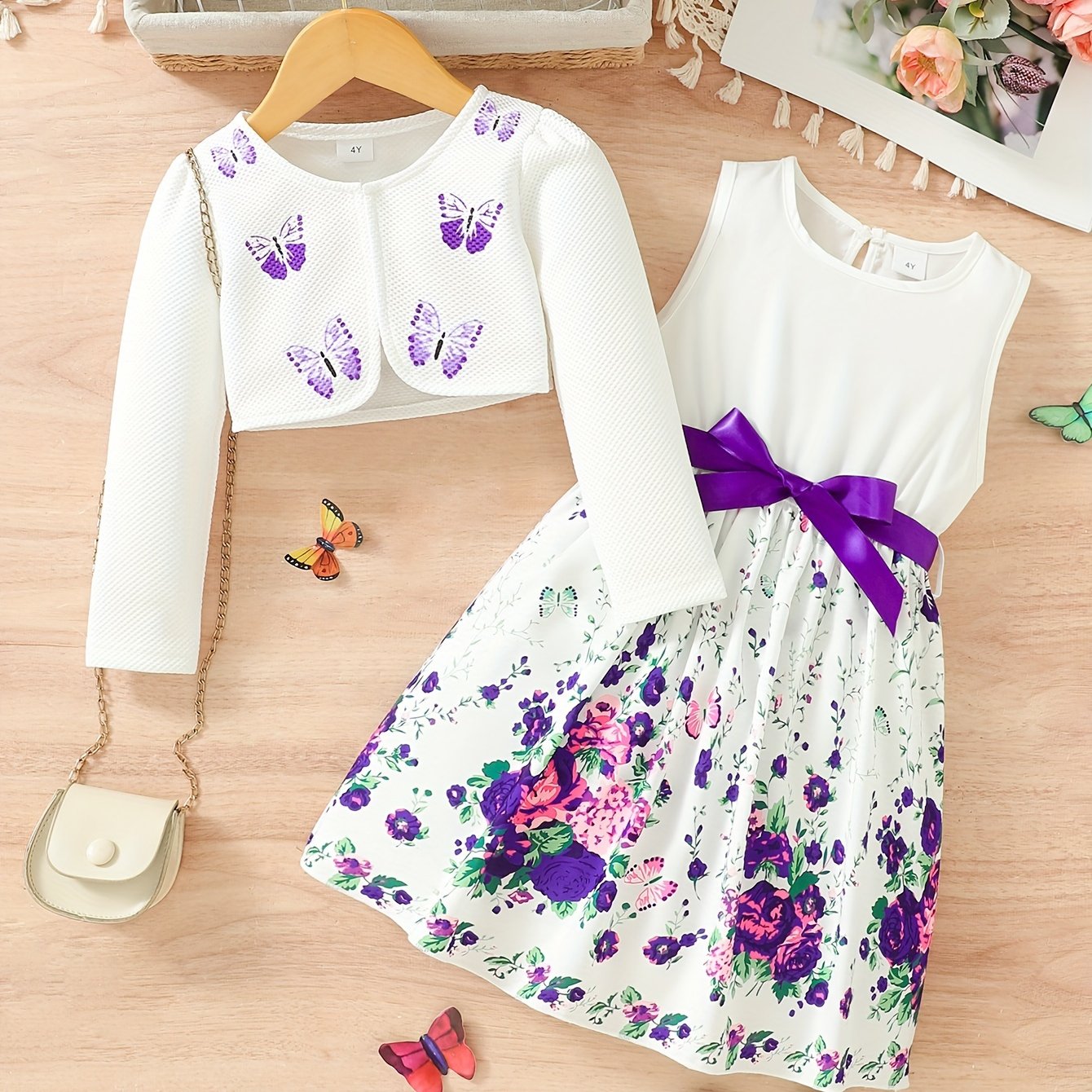 2pcs Little Girl Butterfly Dresses Outfit: Floral Tank Dress And Graphic Cardigan Top Set, For Cute And Casual Look, Kids Clothing Gift
