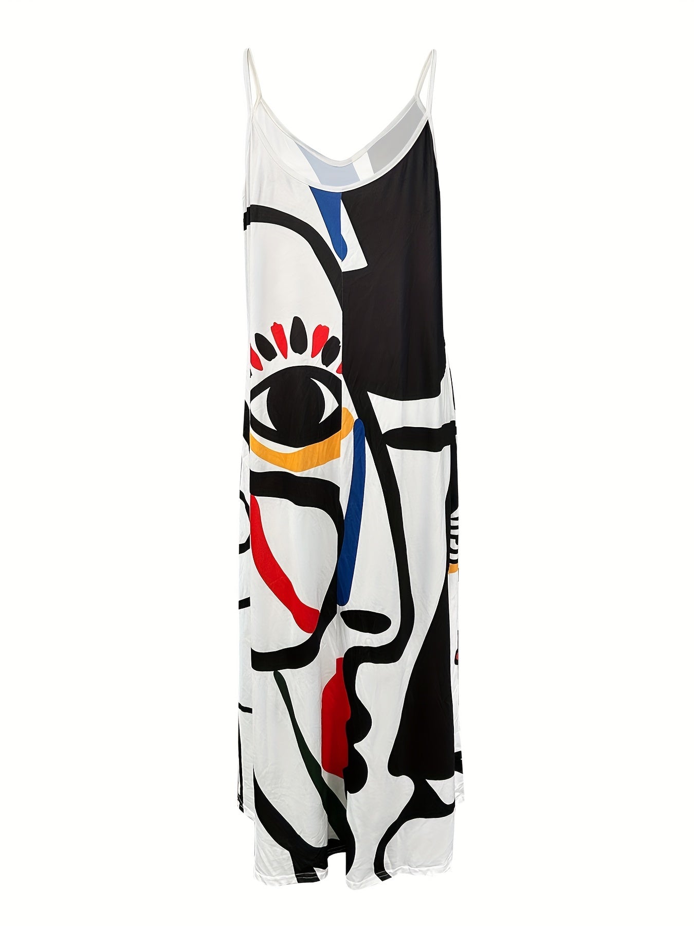Flowing Maxi Sundress - Vibrant Abstract Art Print - Breezy Spaghetti Straps - Versatile Summer Attire for Women