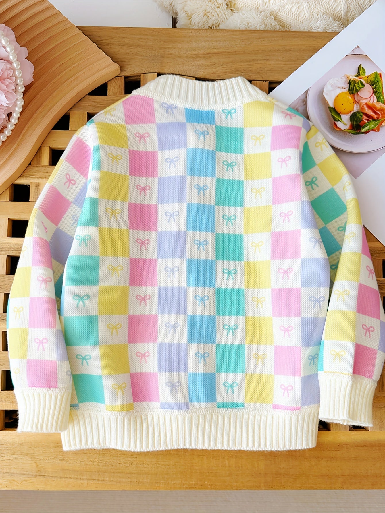 Cozy Girls' Knit Sweater Coat - Vibrant Colorful Plaid, Elegant Pearl Buttons, Warm, Soft, and Comfortable - Perfect for Fall and Winter, Kids Clothing