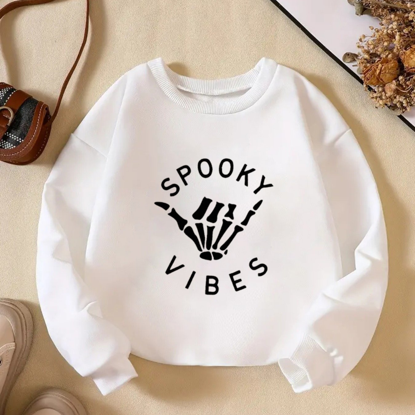 ''Spooky Vibe'' Print Girls Sweatshirt, Crew Neck Comfy Holiday Halloween Party Casual Tops, Kids Clothing For Fall/ Winter/ Spring