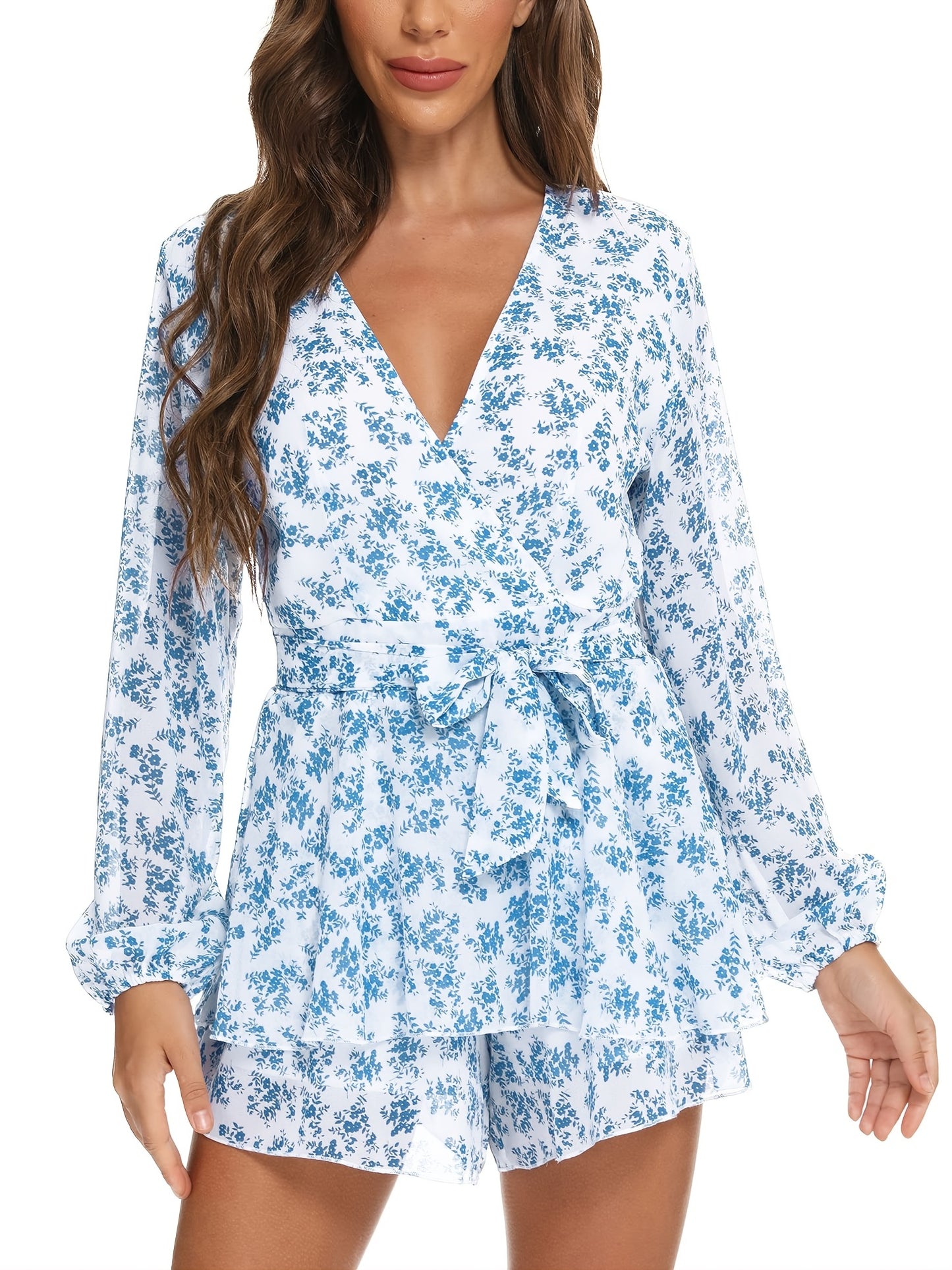 Chic Spring/Fall Polka-dot V-neck Jumpsuit with Ruffle Hem - Durable & Semi-Sheer Everyday Romper for Women
