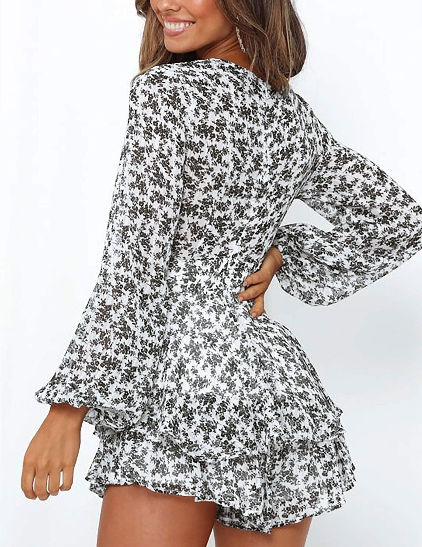 Chic Spring/Fall Polka-dot V-neck Jumpsuit with Ruffle Hem - Durable & Semi-Sheer Everyday Romper for Women