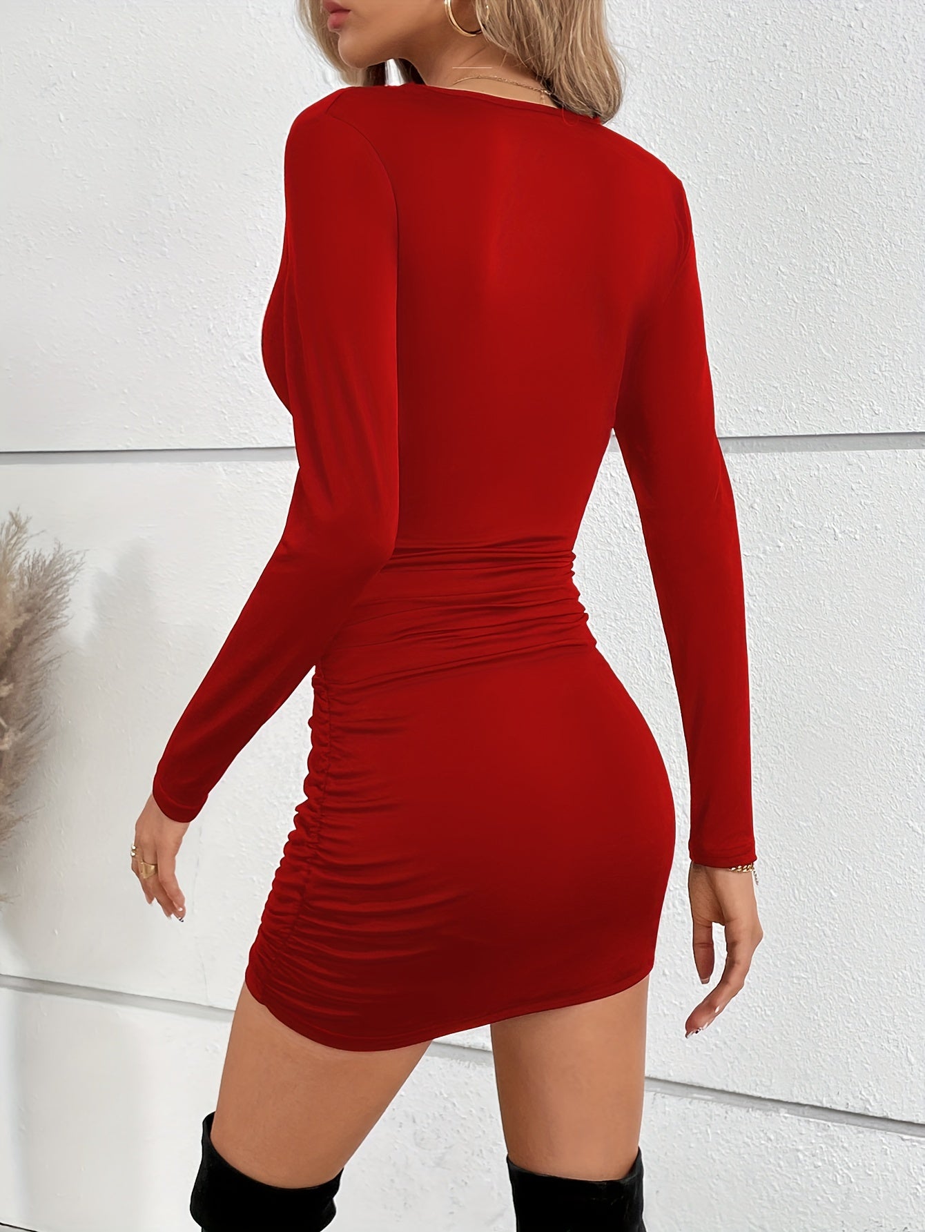 Flattering Ruched Ruffle Dress for Women - Sexy Solid Stretch V Neck - Long Sleeve, Figure-Sculpting Fit - Premium Ladies Casual/Evening Wear