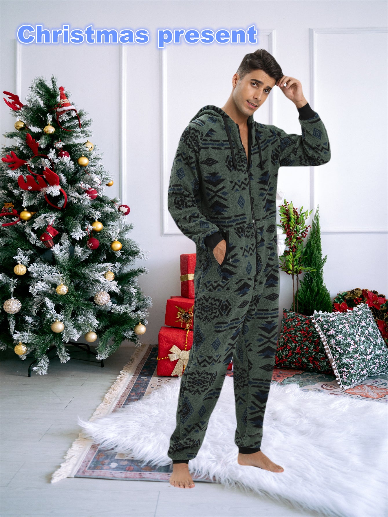 Stylish Camo Hooded Drawstring One Piece Pajamas for Men - Novelty & More Clothing - Soft, Cozy, and Comfortable Sleepwear with Adjustable Hood and Drawstring Waist - Fun and Quirky Design for Casual Lounging