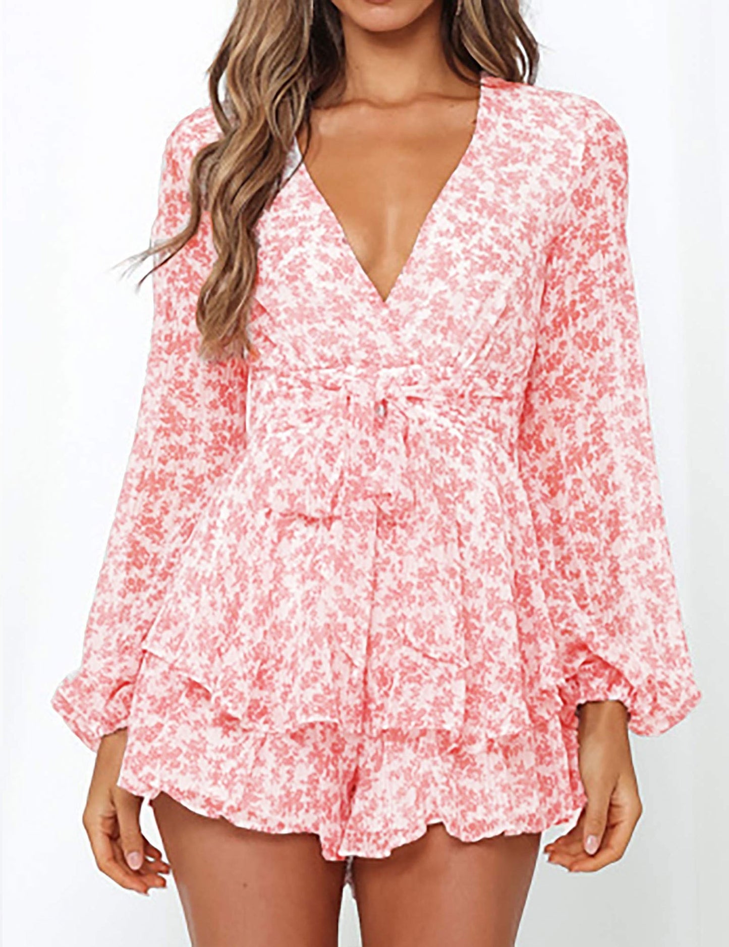 Chic Spring/Fall Polka-dot V-neck Jumpsuit with Ruffle Hem - Durable & Semi-Sheer Everyday Romper for Women
