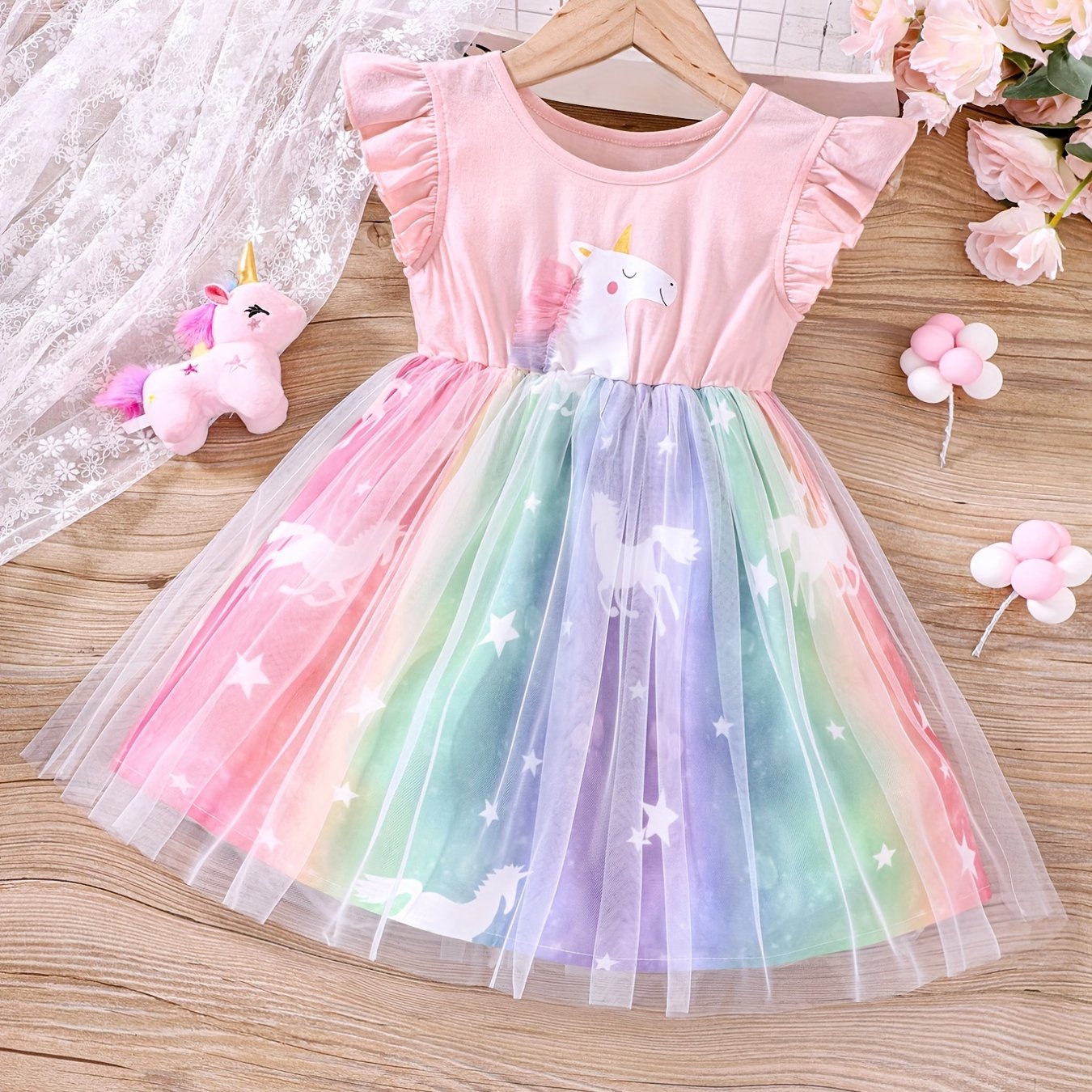 Unicorn Ruffled Sleeveless Dress for Girls, Summer Kids Clothing with Mesh Detail