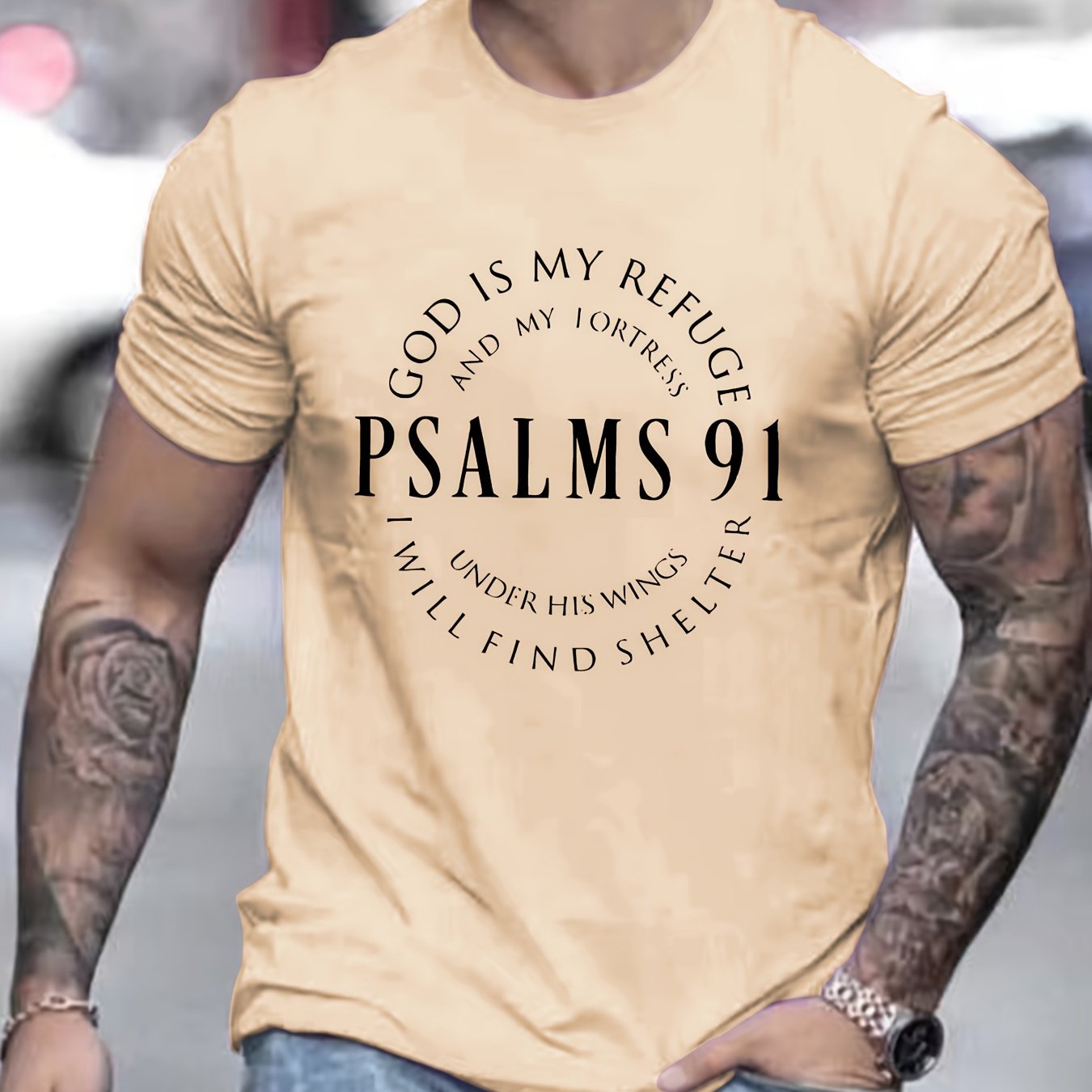 Men's Graphic Tee with PSALMS 91 & Ring Pattern Print - Trendy Summer Clothes for Men