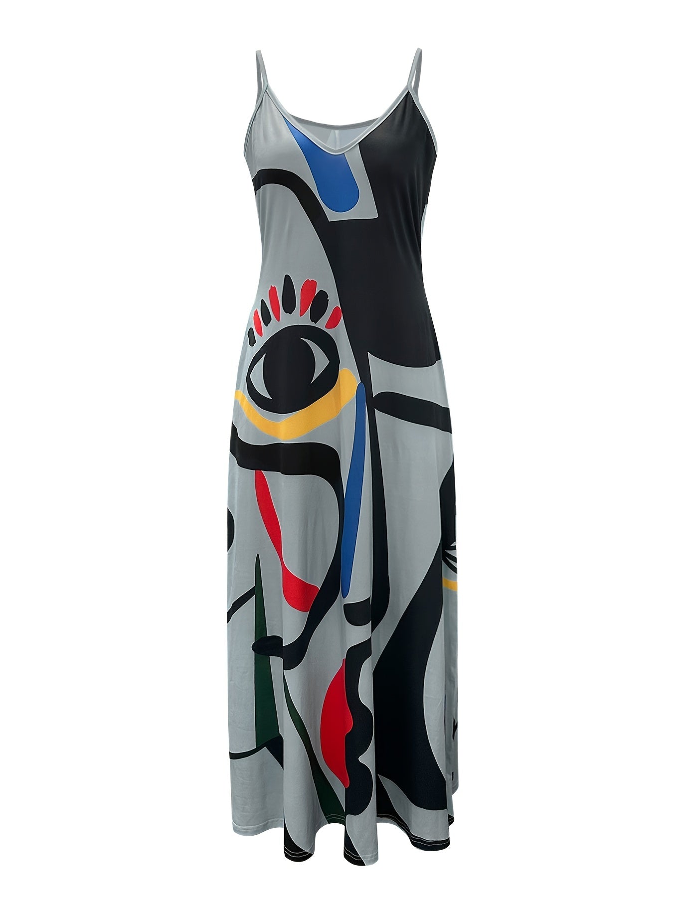 Flowing Maxi Sundress - Vibrant Abstract Art Print - Breezy Spaghetti Straps - Versatile Summer Attire for Women