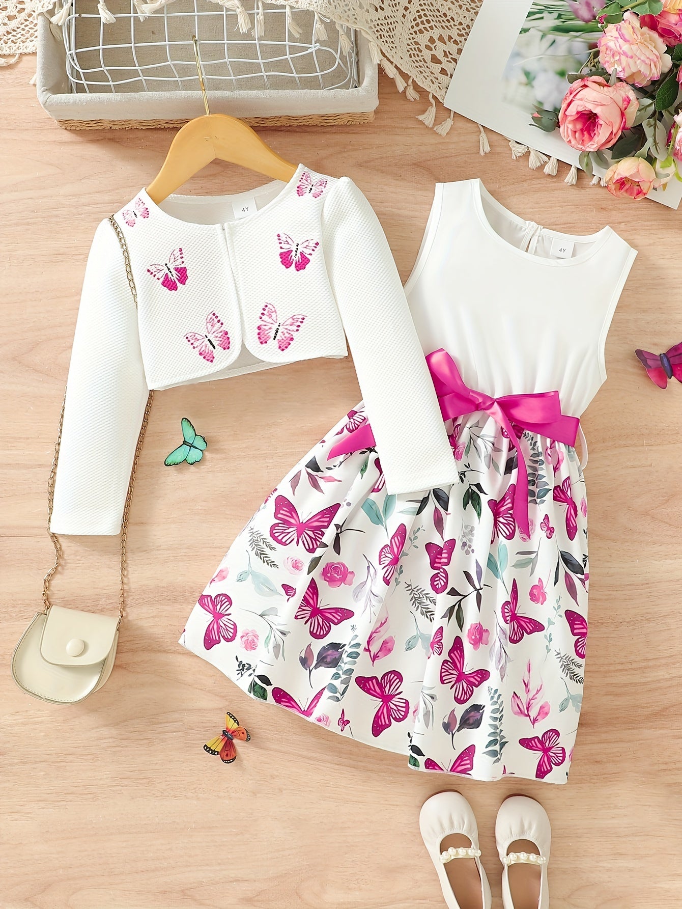 2pcs Little Girl Butterfly Dresses Outfit: Floral Tank Dress And Graphic Cardigan Top Set, For Cute And Casual Look, Kids Clothing Gift