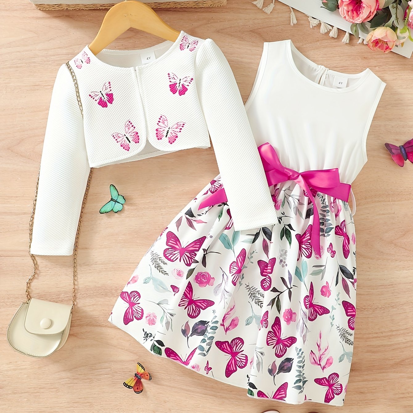 2pcs Little Girl Butterfly Dresses Outfit: Floral Tank Dress And Graphic Cardigan Top Set, For Cute And Casual Look, Kids Clothing Gift