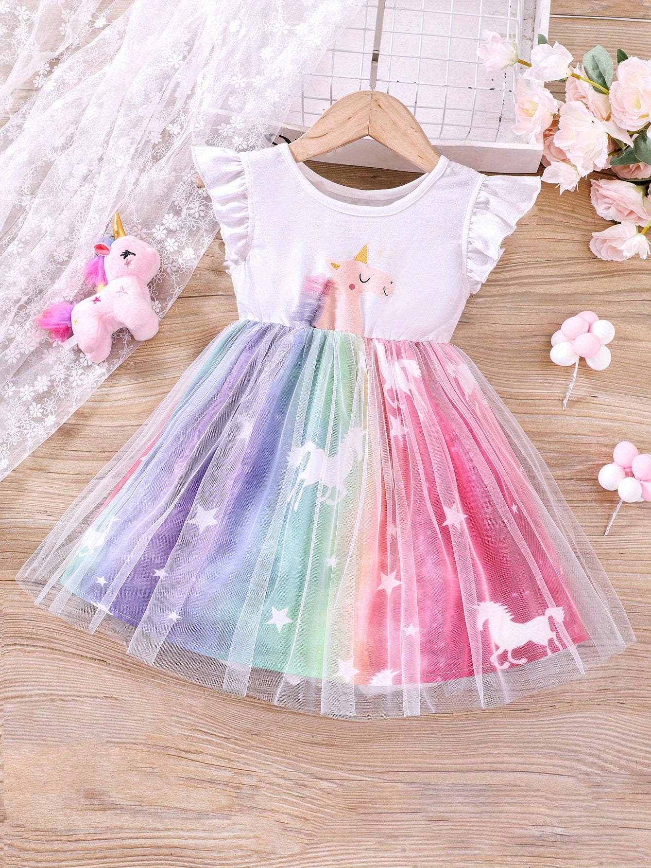 Unicorn Ruffled Sleeveless Dress for Girls, Summer Kids Clothing with Mesh Detail