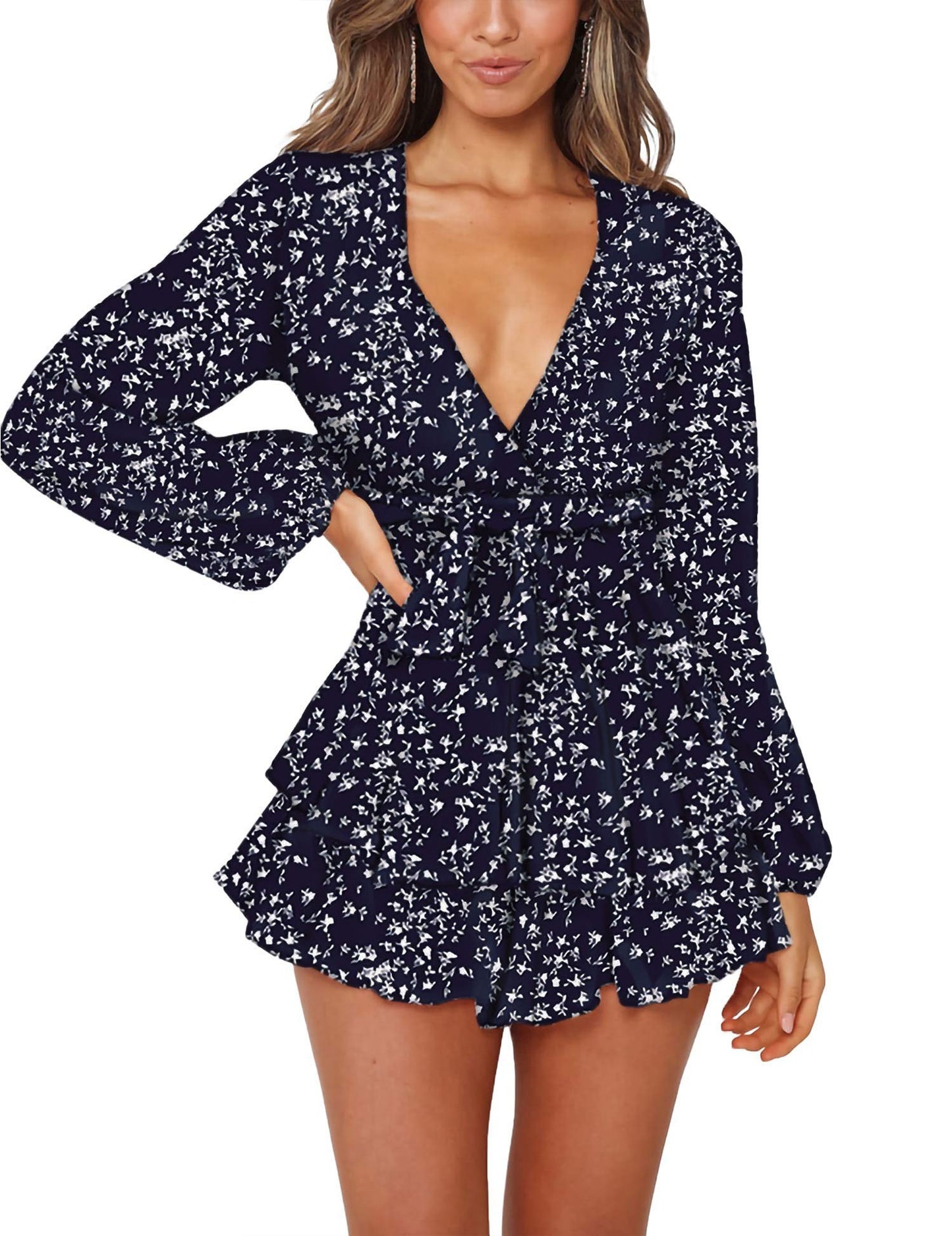Chic Spring/Fall Polka-dot V-neck Jumpsuit with Ruffle Hem - Durable & Semi-Sheer Everyday Romper for Women