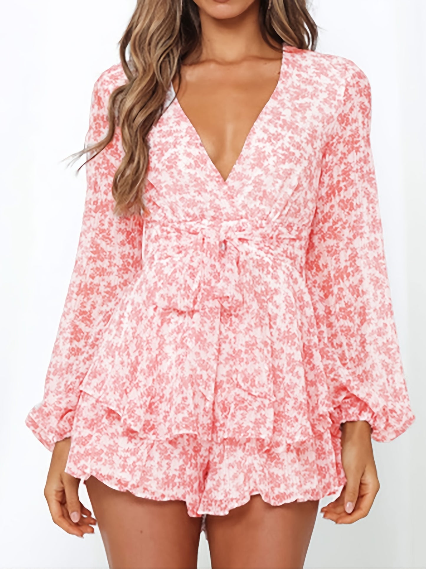 Chic Spring/Fall Polka-dot V-neck Jumpsuit with Ruffle Hem - Durable & Semi-Sheer Everyday Romper for Women