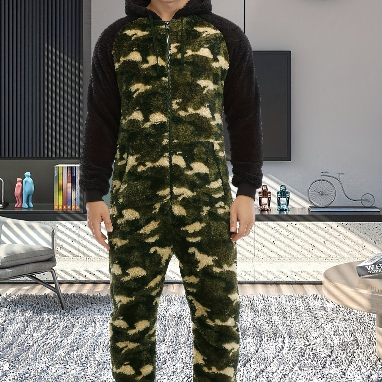 Stylish Camo Hooded Drawstring One Piece Pajamas for Men - Novelty & More Clothing - Soft, Cozy, and Comfortable Sleepwear with Adjustable Hood and Drawstring Waist - Fun and Quirky Design for Casual Lounging