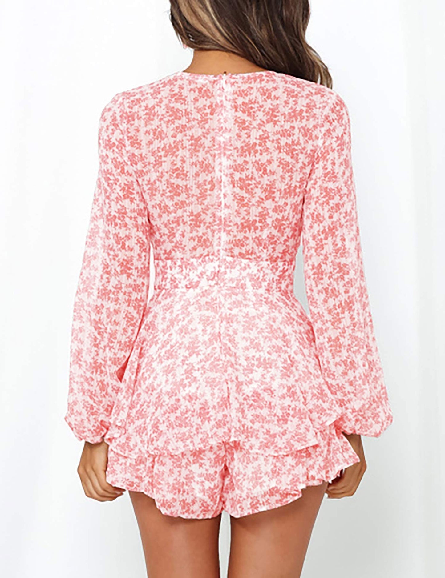 Chic Spring/Fall Polka-dot V-neck Jumpsuit with Ruffle Hem - Durable & Semi-Sheer Everyday Romper for Women