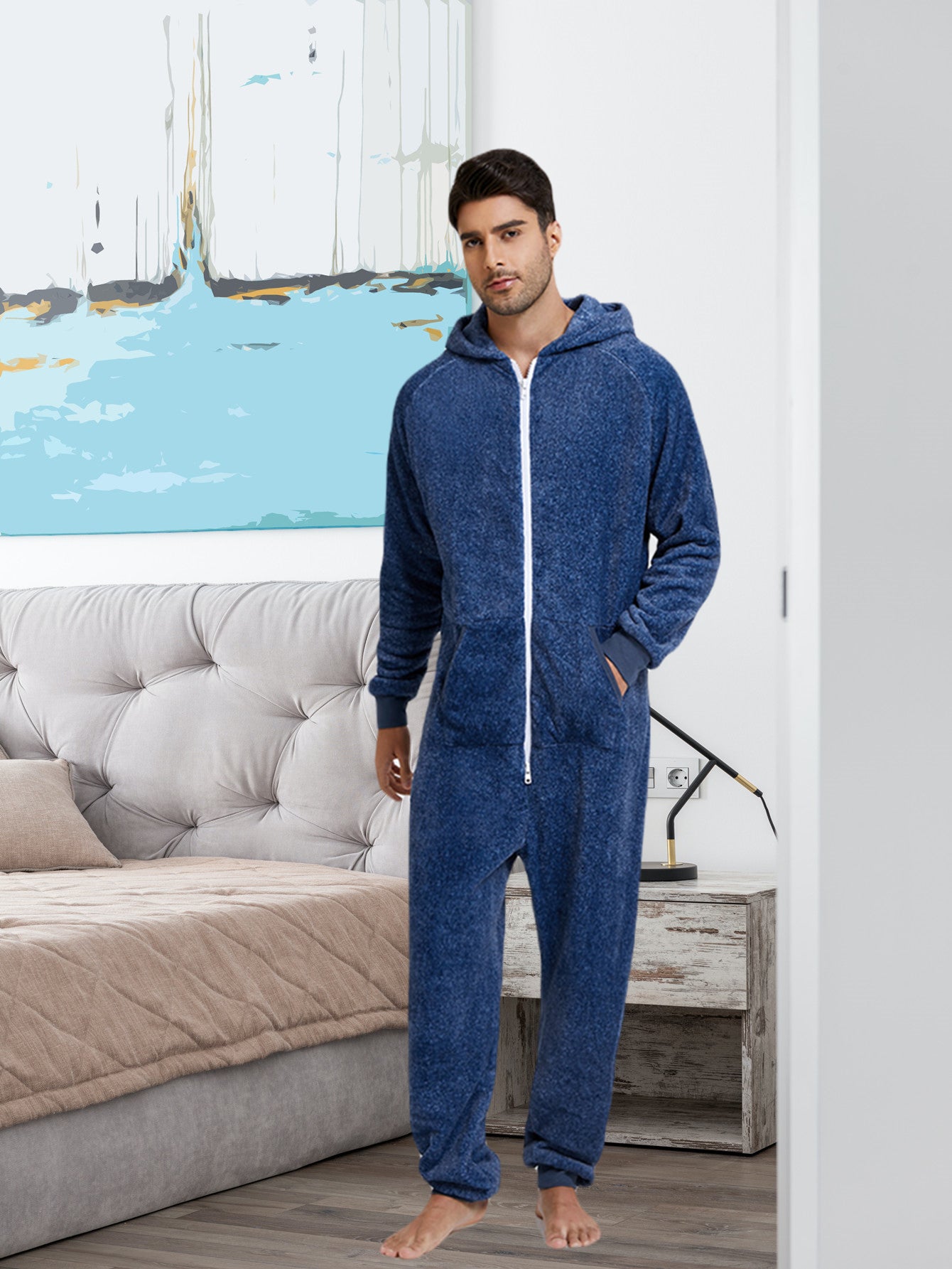 Stylish Camo Hooded Drawstring One Piece Pajamas for Men - Novelty & More Clothing - Soft, Cozy, and Comfortable Sleepwear with Adjustable Hood and Drawstring Waist - Fun and Quirky Design for Casual Lounging