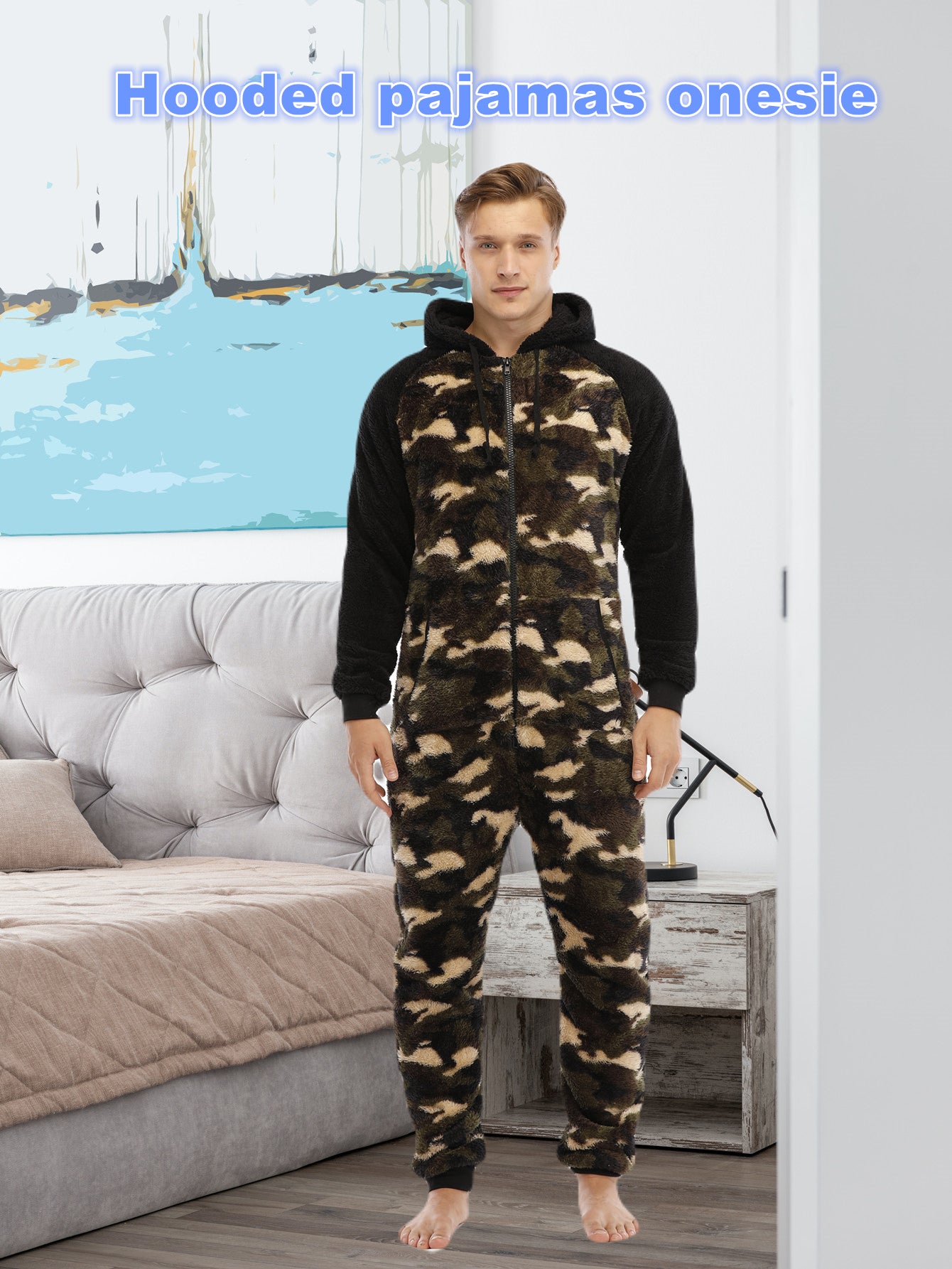 Stylish Camo Hooded Drawstring One Piece Pajamas for Men - Novelty & More Clothing - Soft, Cozy, and Comfortable Sleepwear with Adjustable Hood and Drawstring Waist - Fun and Quirky Design for Casual Lounging