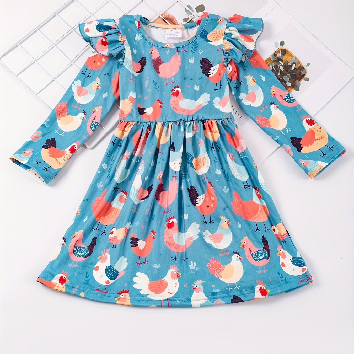 Cute Animal Print Ruffled Sleeve Round Neck Dress for Girls, Summer Kids Clothing