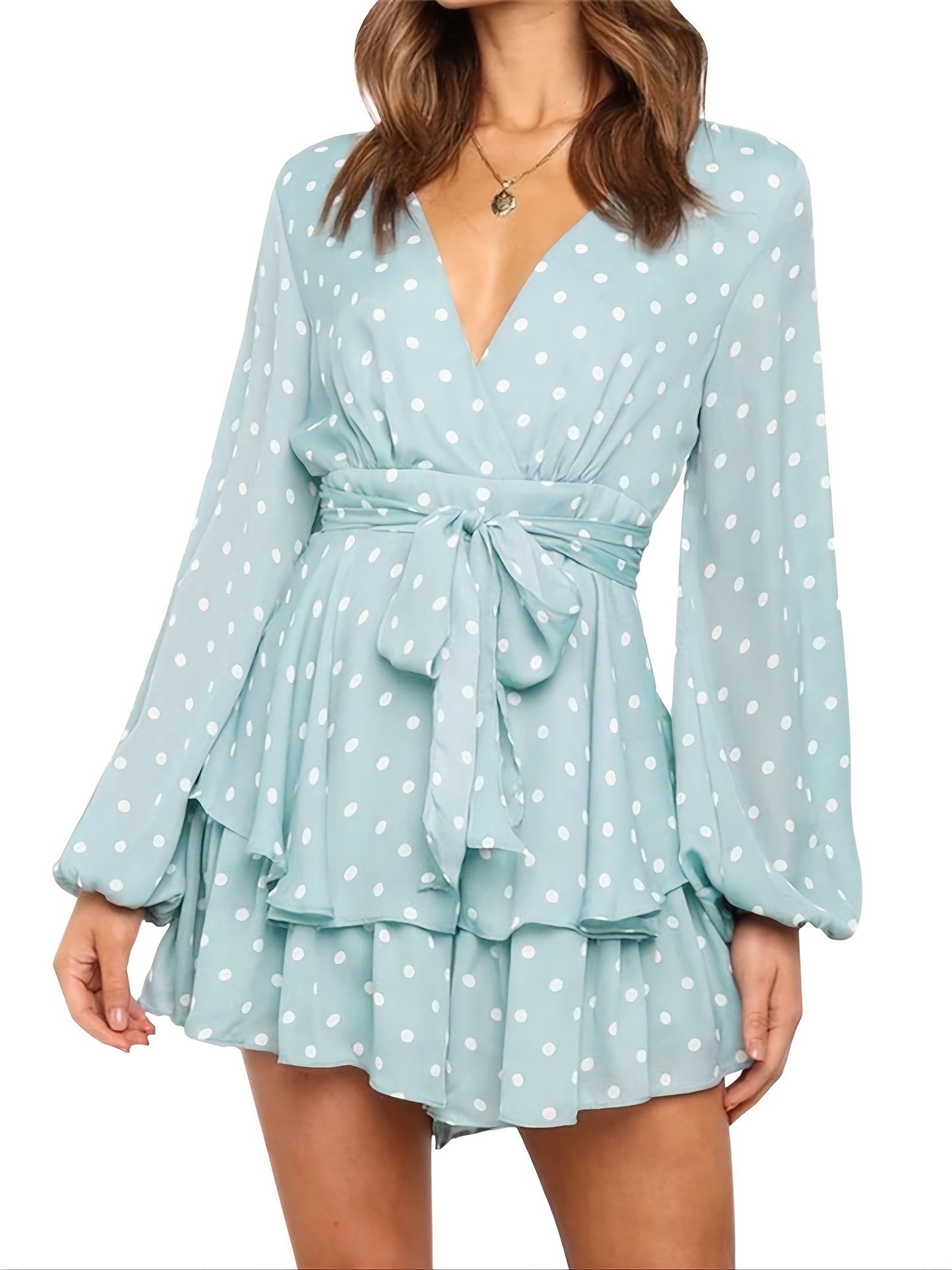 Chic Spring/Fall Polka-dot V-neck Jumpsuit with Ruffle Hem - Durable & Semi-Sheer Everyday Romper for Women