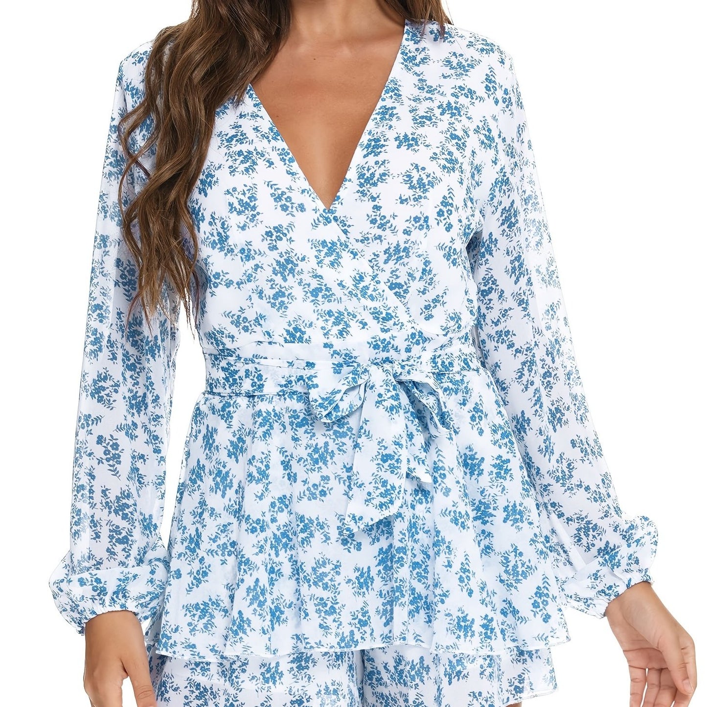 Chic Spring/Fall Polka-dot V-neck Jumpsuit with Ruffle Hem - Durable & Semi-Sheer Everyday Romper for Women