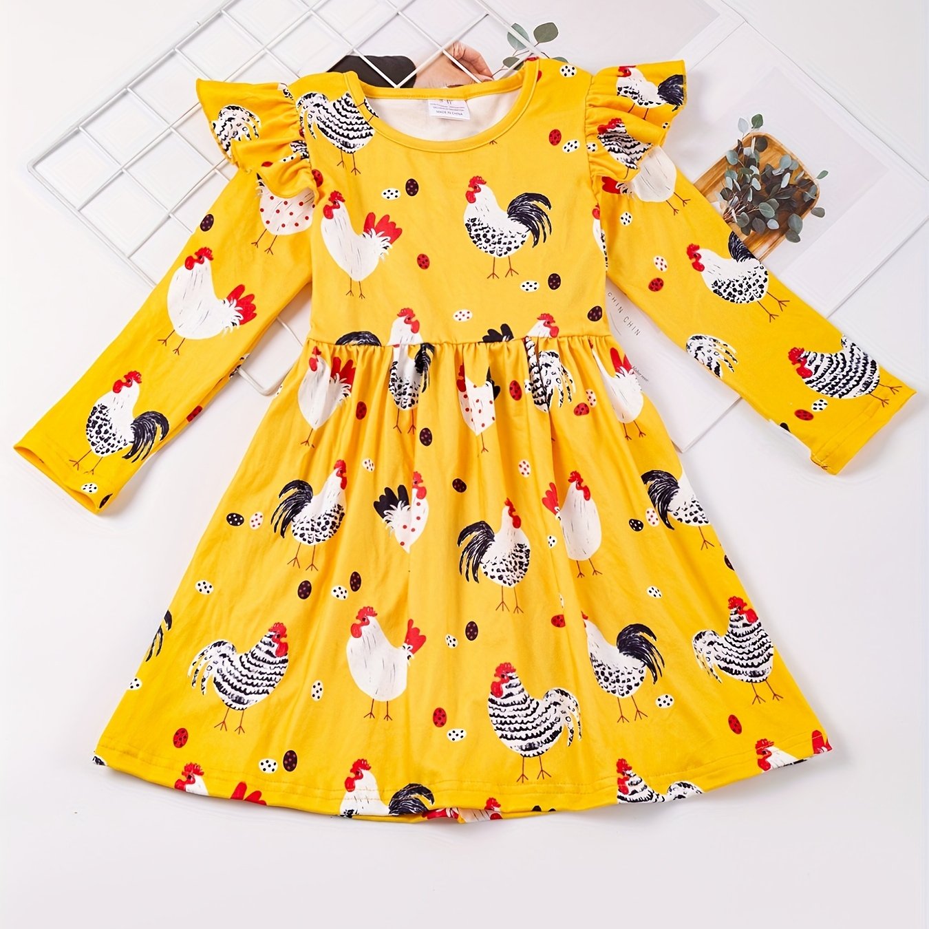 Cute Animal Print Ruffled Sleeve Round Neck Dress for Girls, Summer Kids Clothing