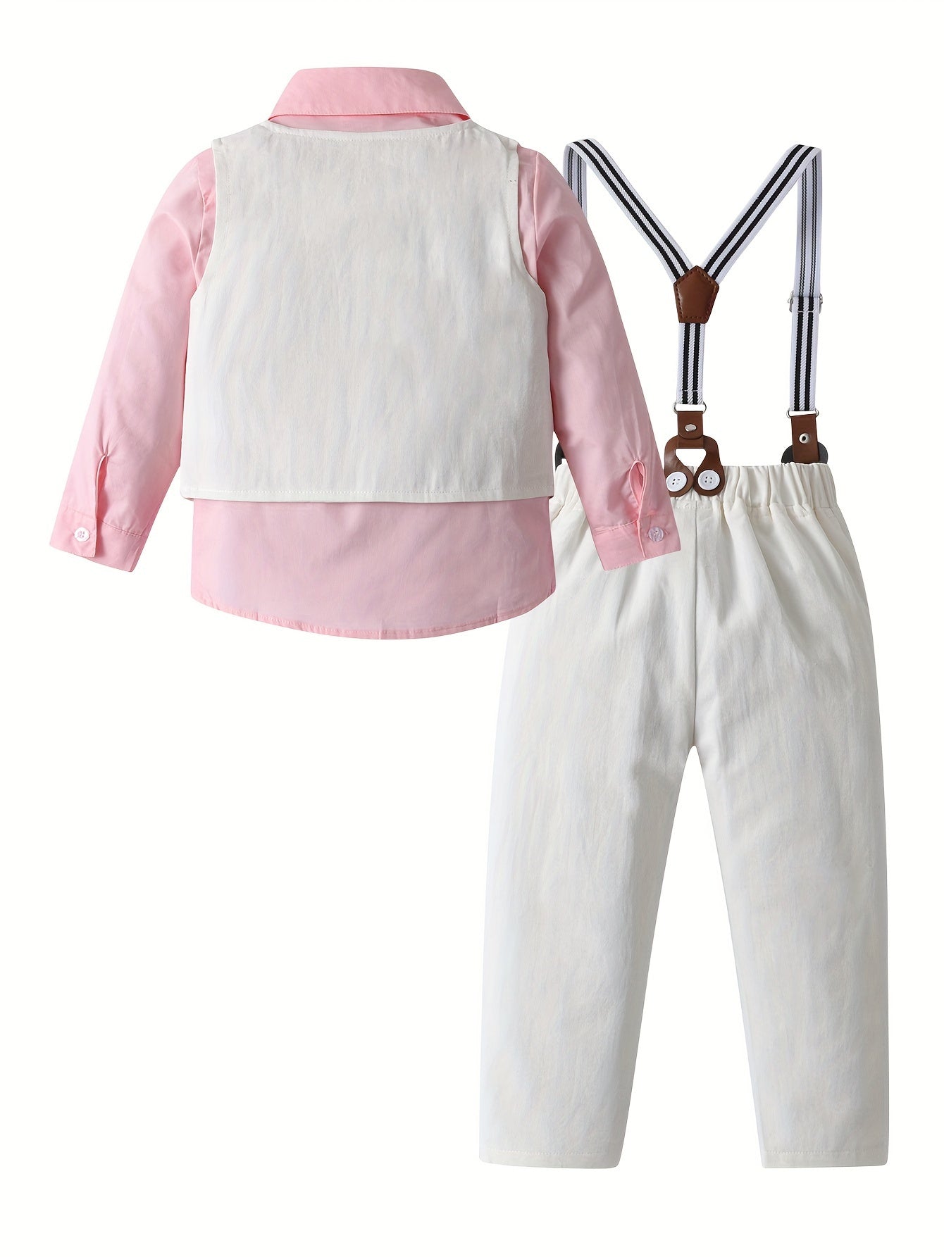 3ocs Boys Formal Gentleman Outfits, Long Sleeve Leaves Print Bowtie Shirt & Suspender Pants & Vest, Kids Clothing Set For Competition Performance Wedding Banquet Dress Outdoor Set
